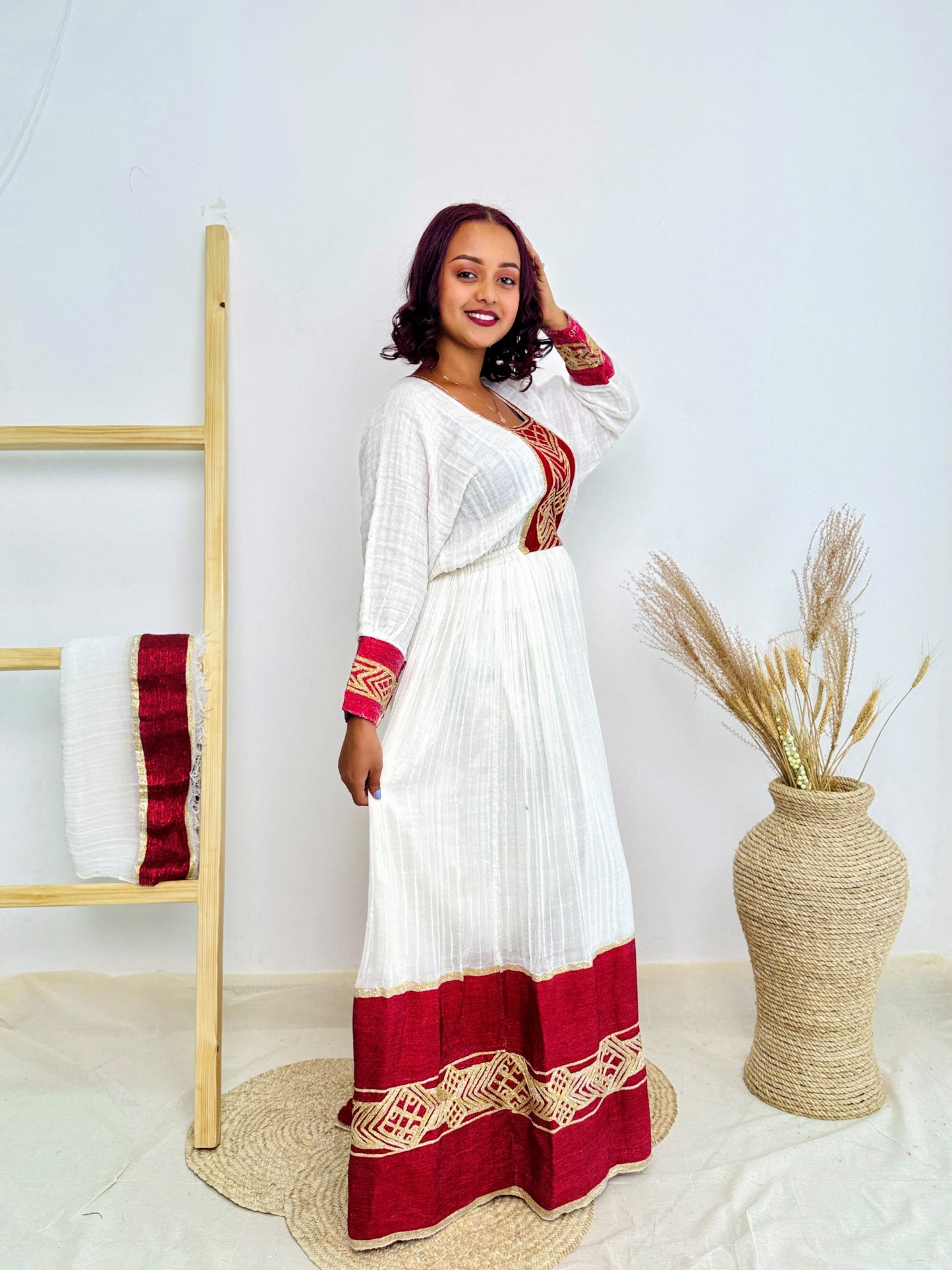 Ethiopian Habesha Kemis Dress | Traditional Handwoven Cotton Gown | Red & Gold Embroidered Attire | Cultural Handmade Dress | Hab185