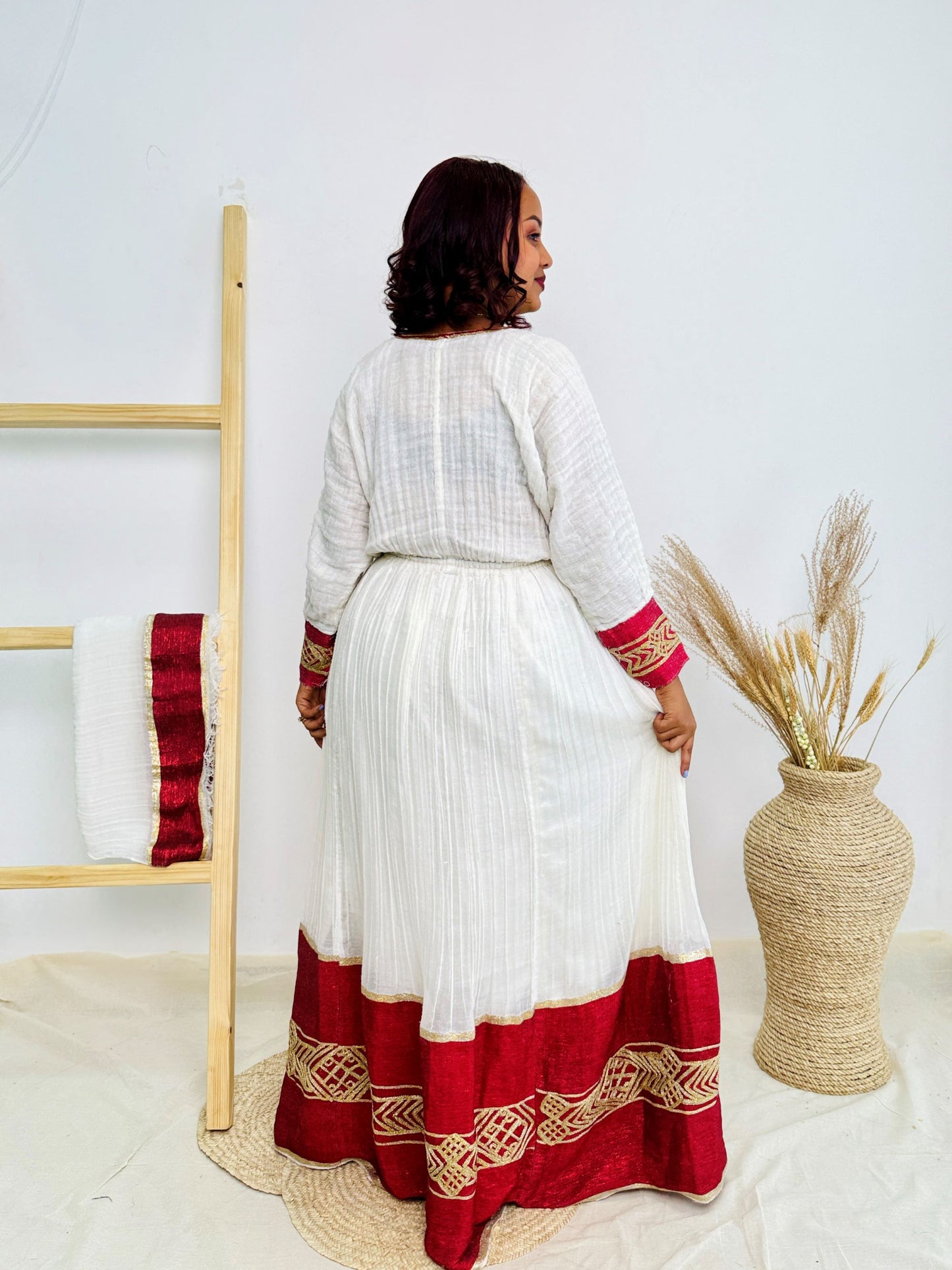 Ethiopian Habesha Kemis Dress | Traditional Handwoven Cotton Gown | Red & Gold Embroidered Attire | Cultural Handmade Dress | Hab185