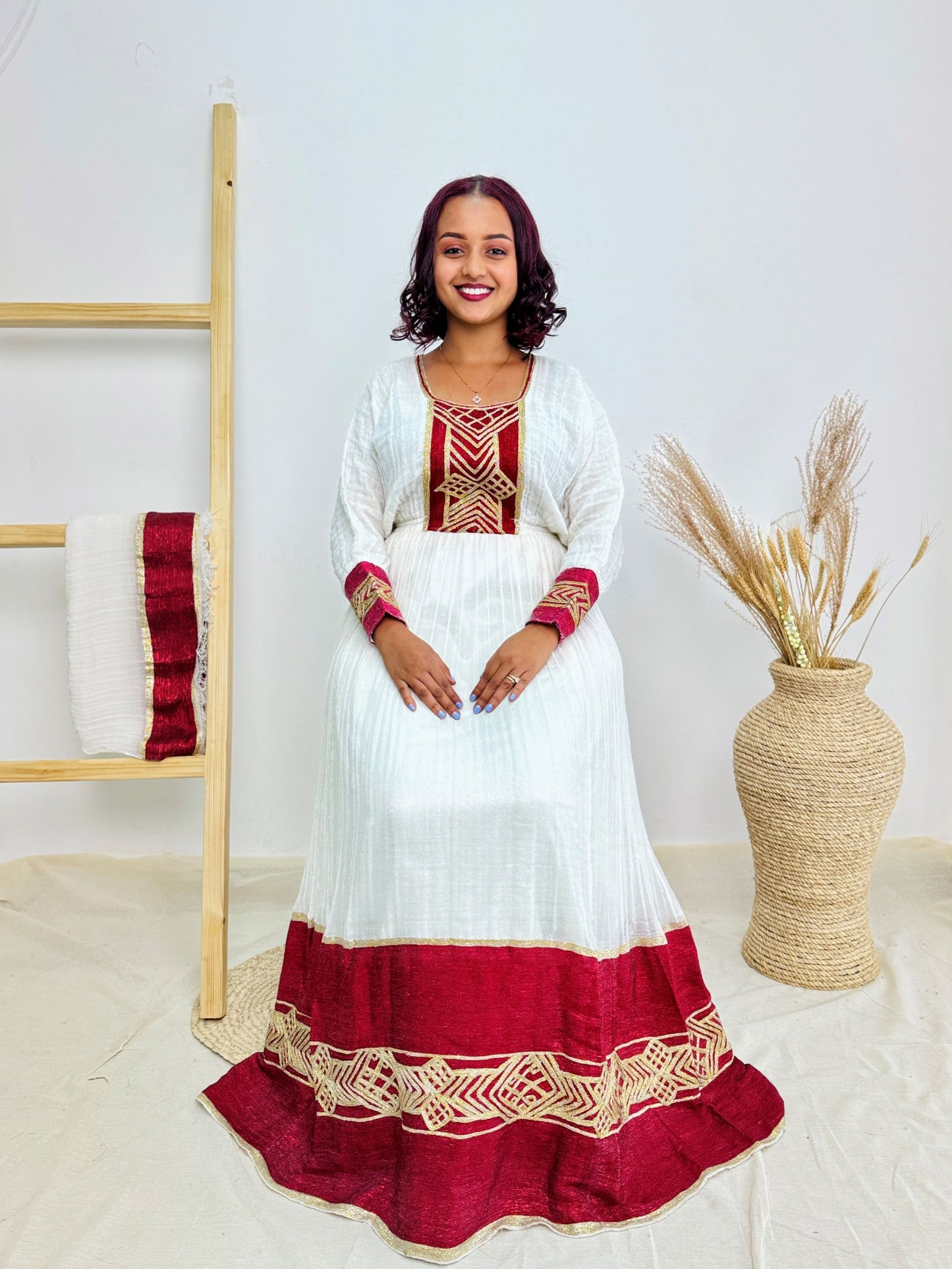 Ethiopian Habesha Kemis Dress | Traditional Handwoven Cotton Gown | Red & Gold Embroidered Attire | Cultural Handmade Dress | Hab185