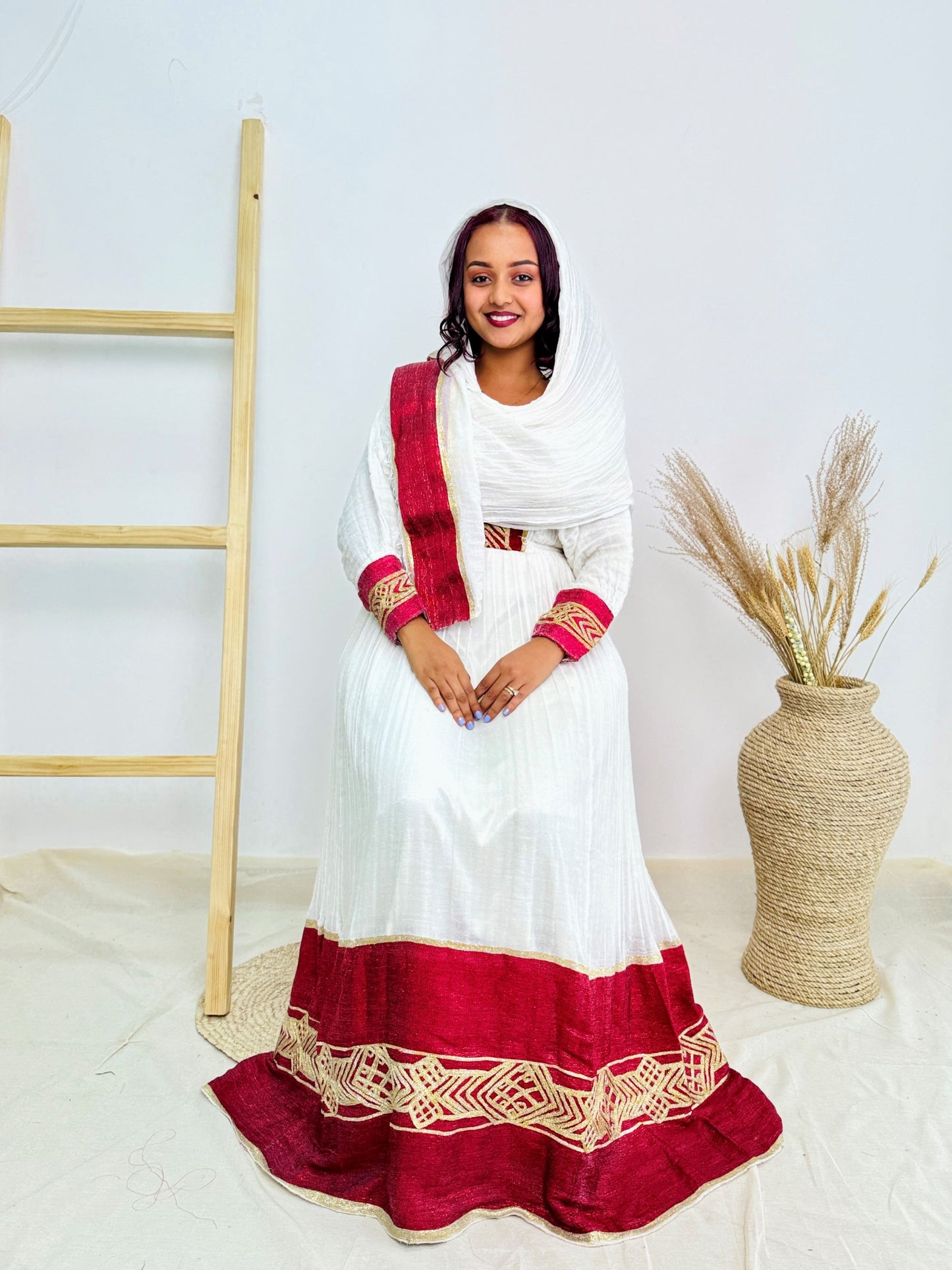 Ethiopian Habesha Kemis Dress | Traditional Handwoven Cotton Gown | Red & Gold Embroidered Attire | Cultural Handmade Dress | Hab185