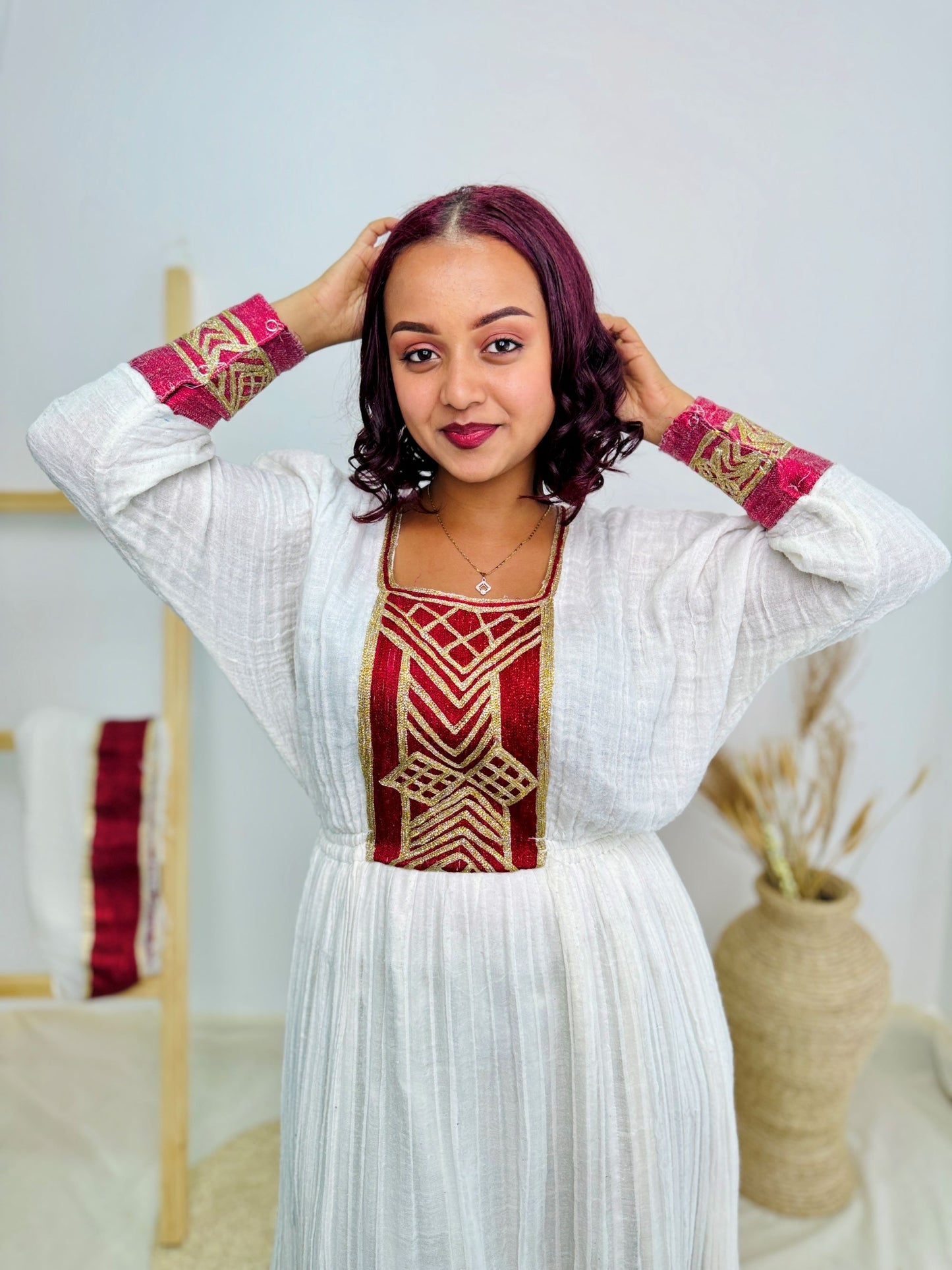 Ethiopian Habesha Kemis Dress | Traditional Handwoven Cotton Gown | Red & Gold Embroidered Attire | Cultural Handmade Dress | Hab185