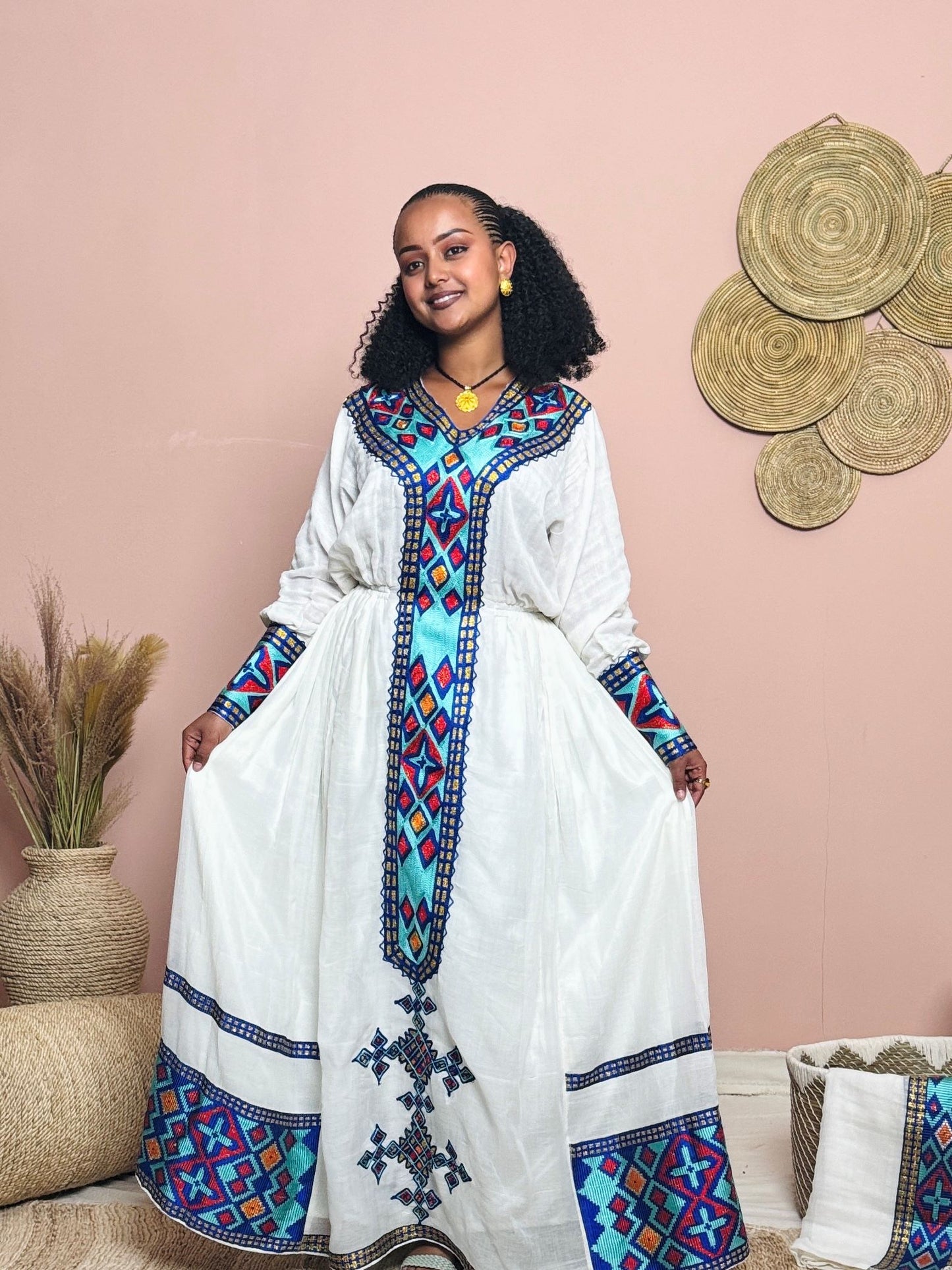 Elegant Tigray Cultural Dress | Handwoven Menen Fabric | Vibrant Blue & Red Tibeb Embroidery | Classic Habesha Kemis Hab145