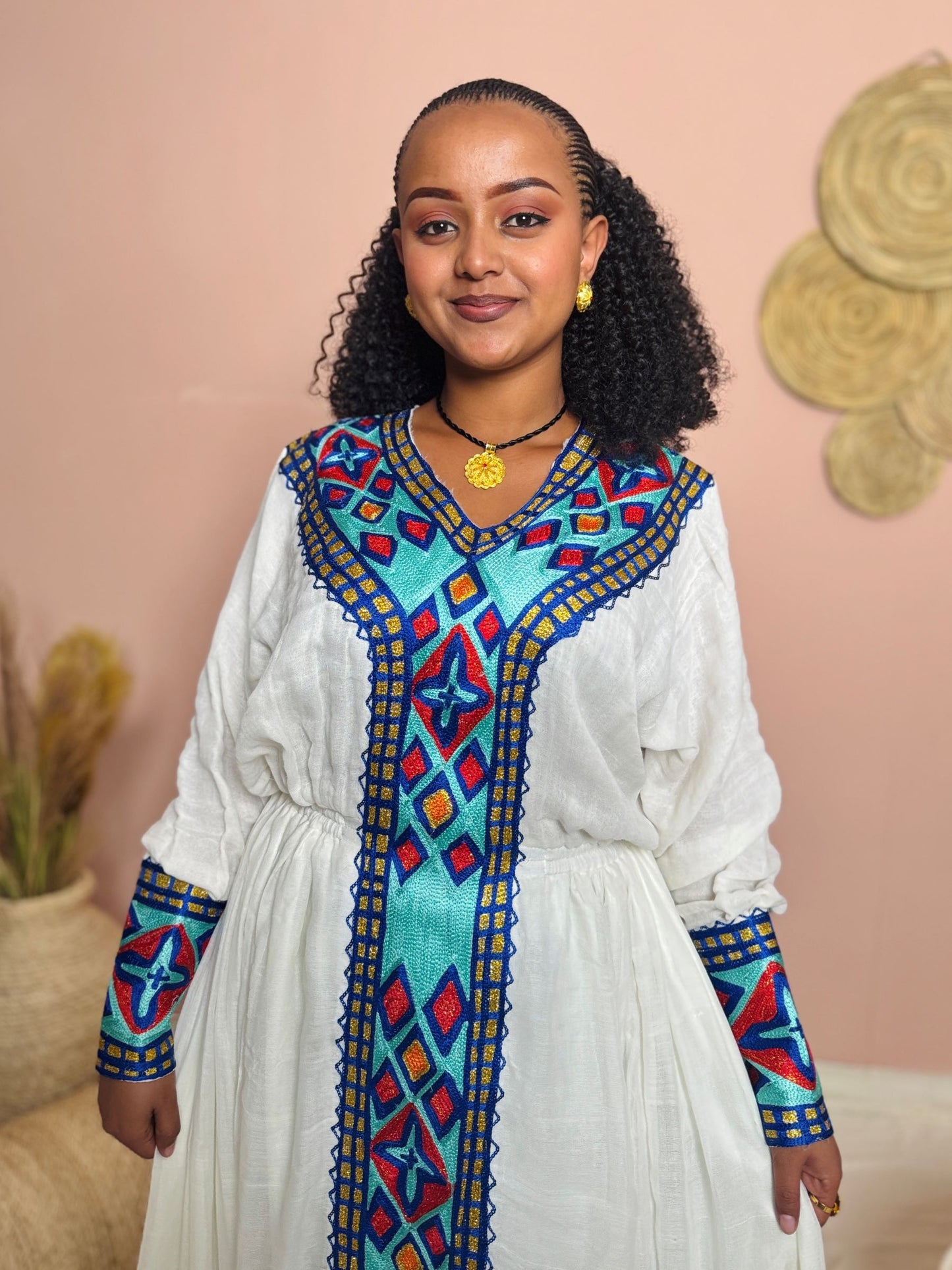 Elegant Tigray Cultural Dress | Handwoven Menen Fabric | Vibrant Blue & Red Tibeb Embroidery | Classic Habesha Kemis Hab145