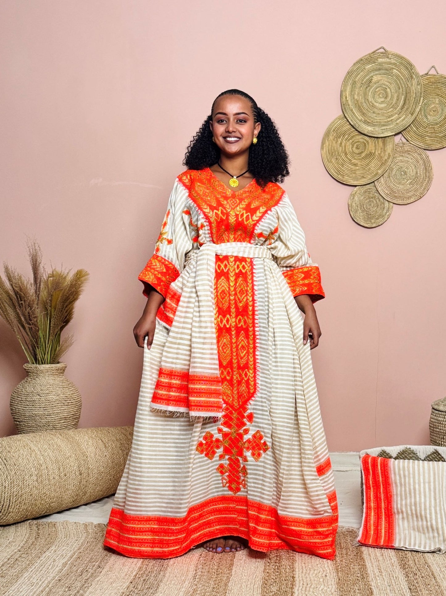 Handwoven Ethiopian Dress | White & Orange Traditional Habesha Dress | Tigre Cultural Elegance | Occasion Dress Hab143
