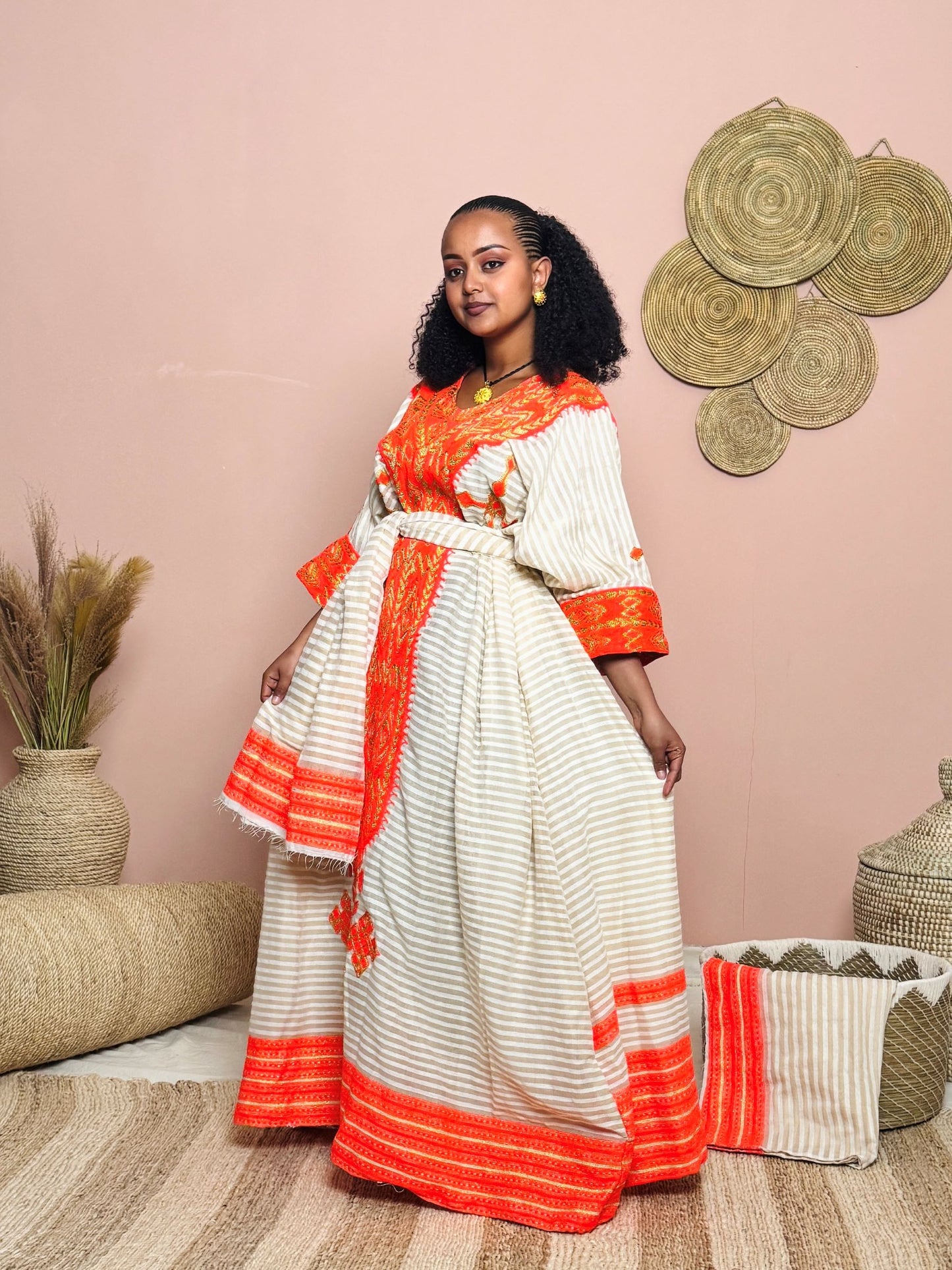 Handwoven Ethiopian Dress | White & Orange Traditional Habesha Dress | Tigre Cultural Elegance