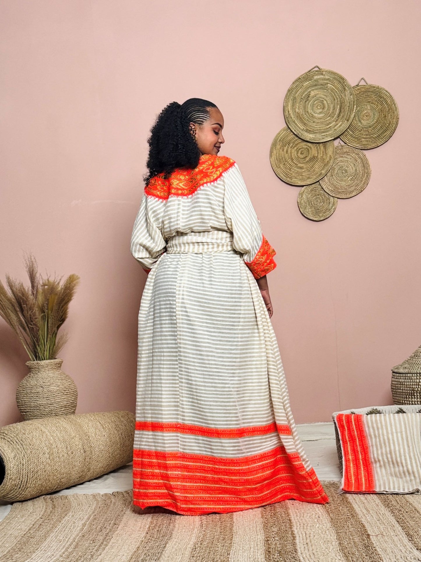 Handwoven Ethiopian Dress | White & Orange Traditional Habesha Dress | Tigre Cultural Elegance | Occasion Dress Hab143
