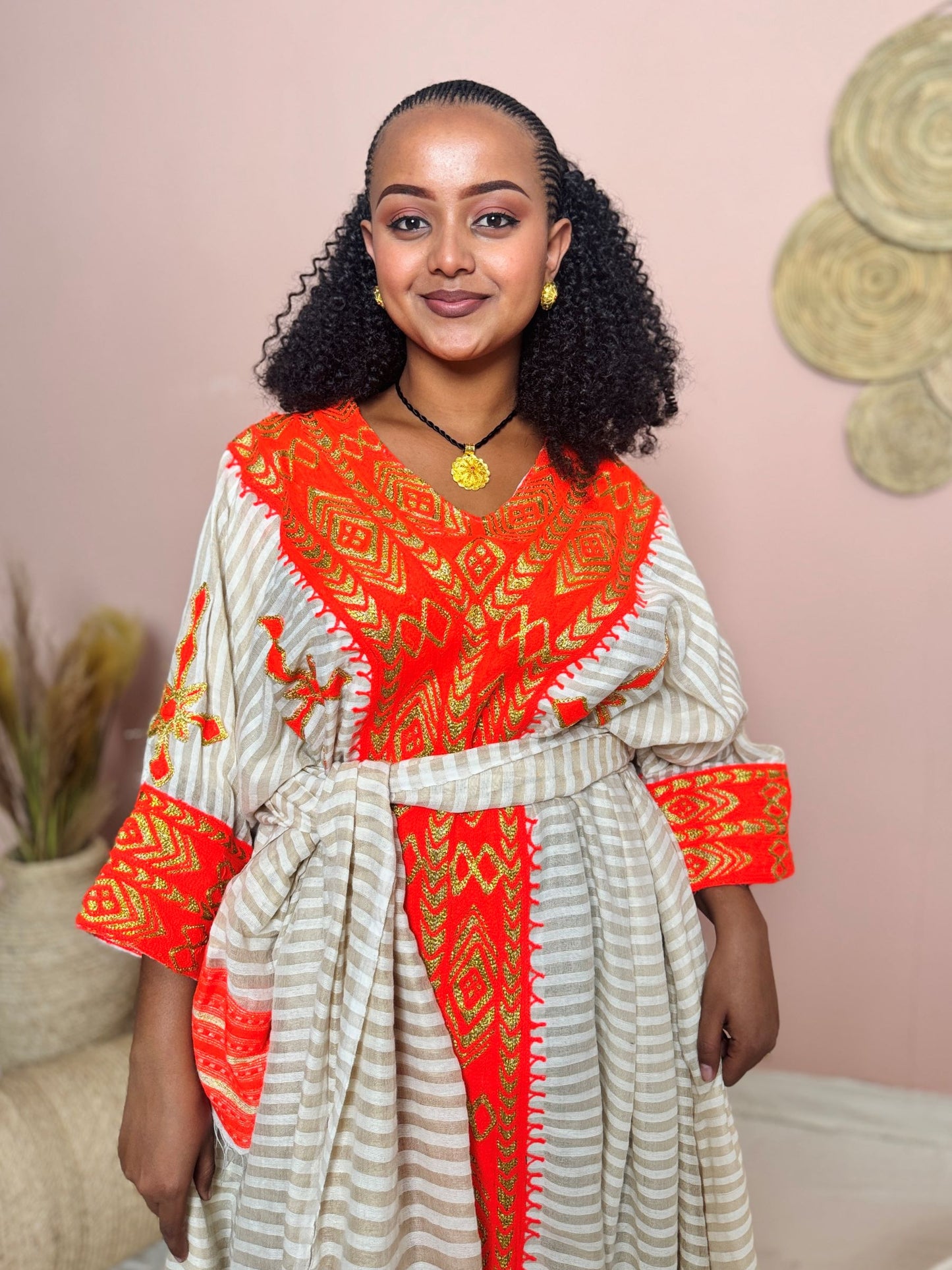 Handwoven Ethiopian Dress | White & Orange Traditional Habesha Dress | Tigre Cultural Elegance | Occasion Dress Hab143