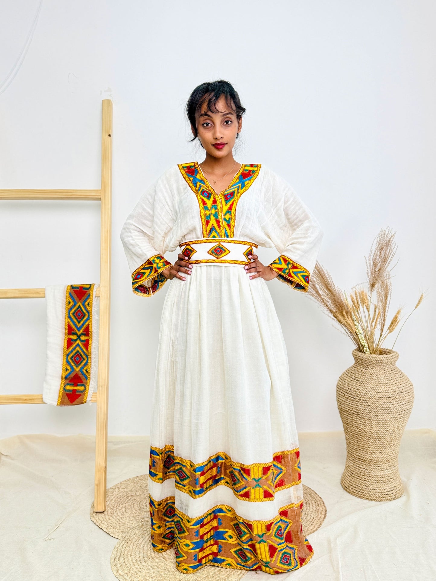 Ethiopian Dress | Elegant Gold Embroidery with Belt | Weddings & Celebrations | Handcrafted Design Hab75