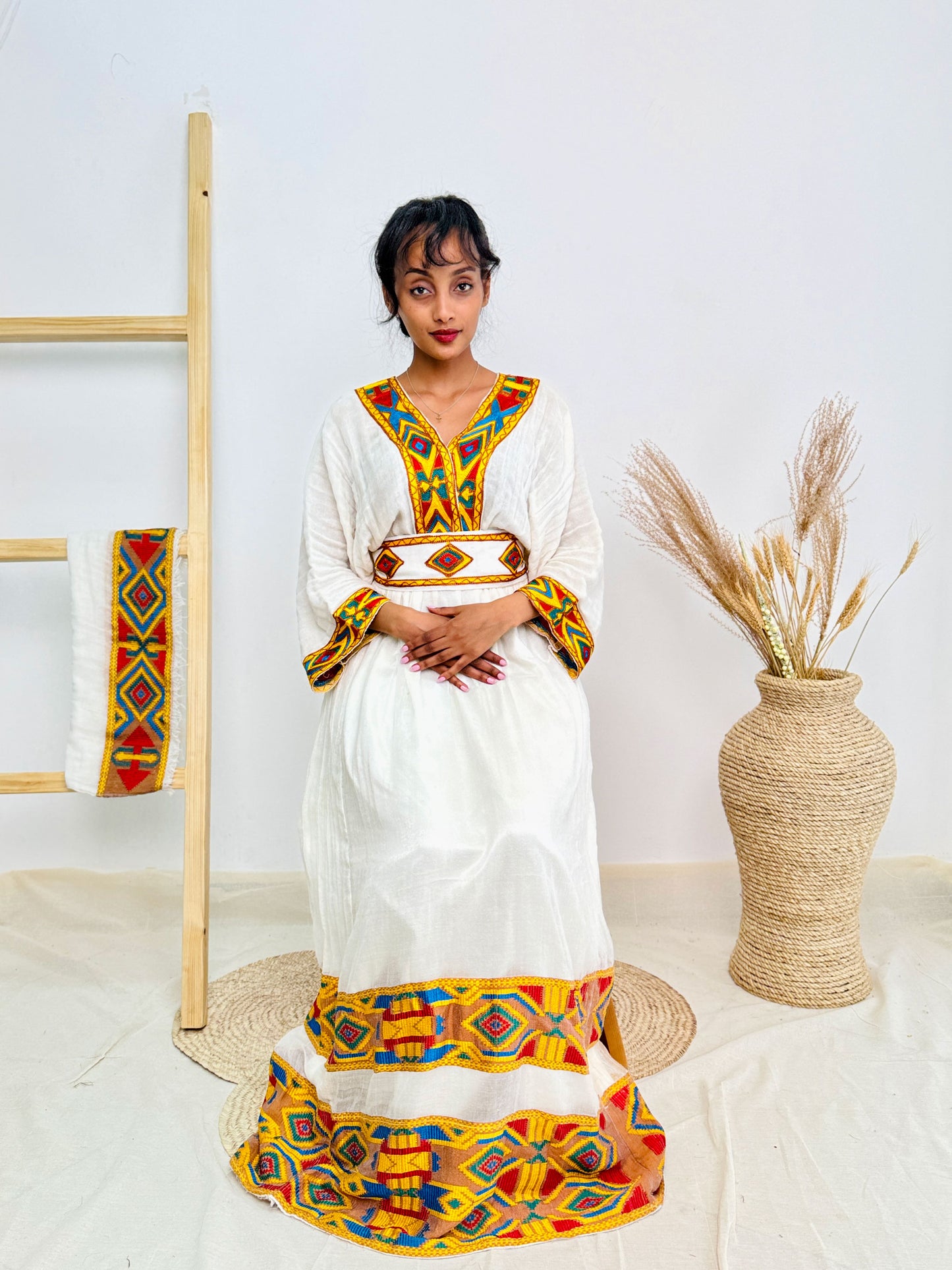 Ethiopian Dress | Elegant Gold Embroidery with Belt | Weddings & Celebrations | Handcrafted Design Hab75