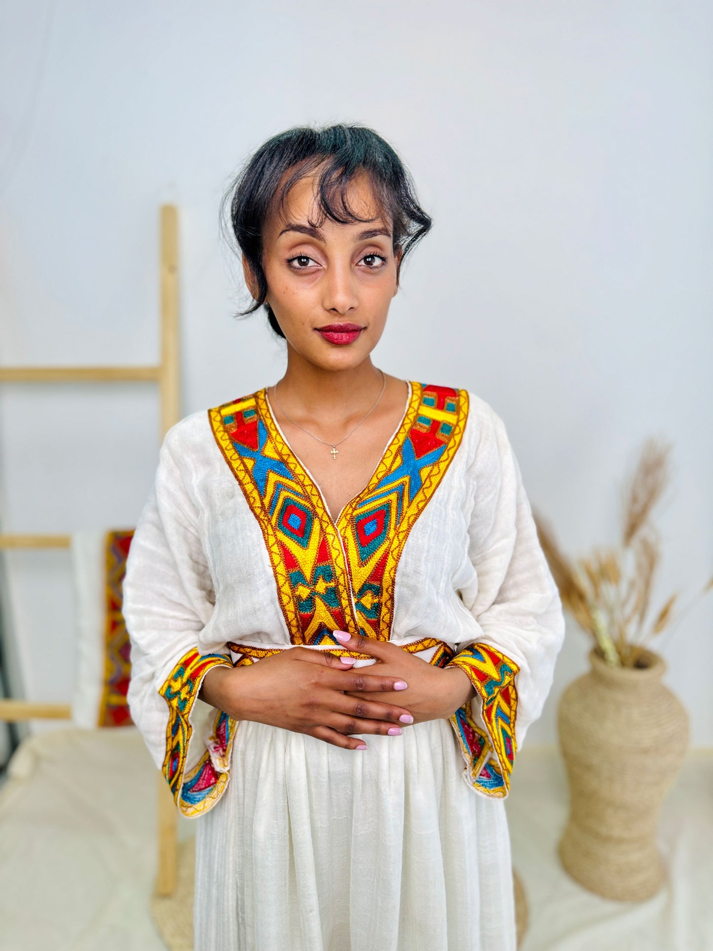 Ethiopian Dress | Elegant Gold Embroidery with Belt | Weddings & Celebrations | Handcrafted Design Hab75