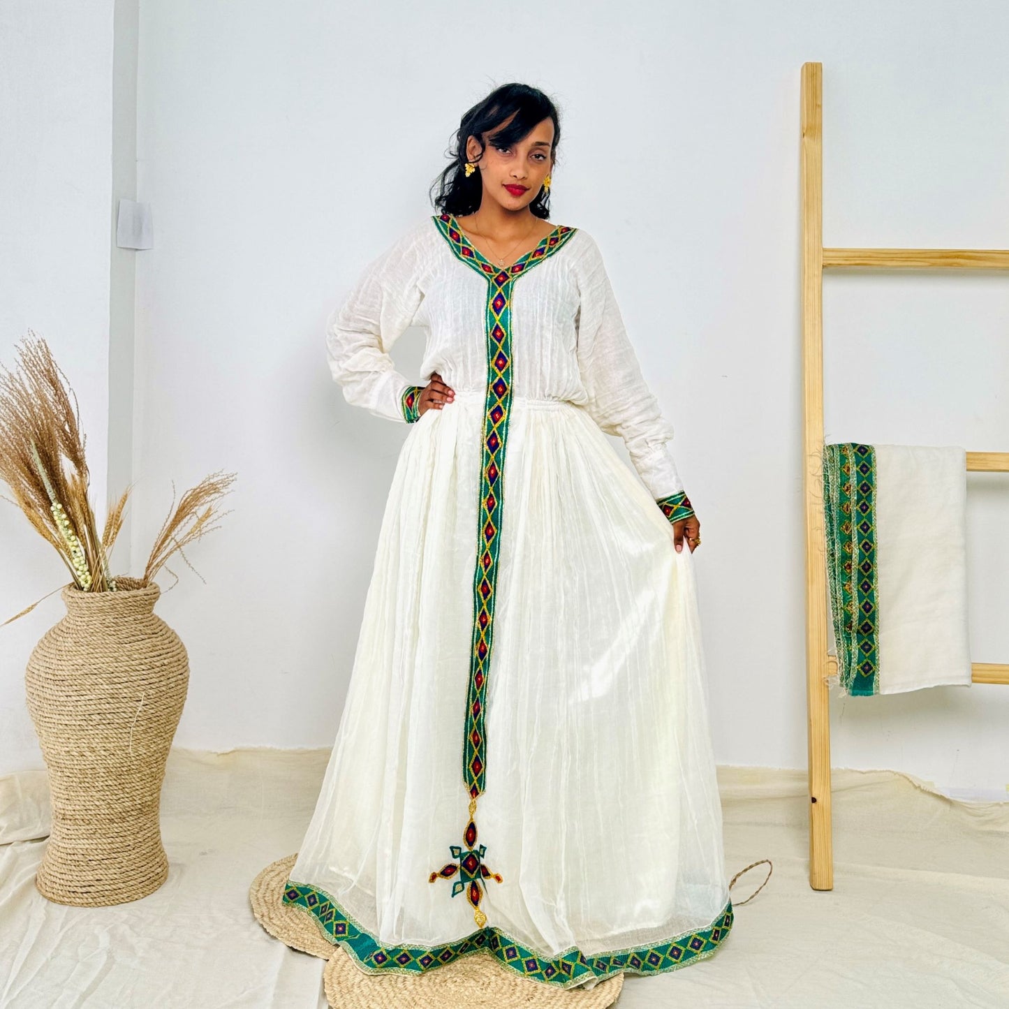 Traditional Habesha Kemis | Cross Motif & Diamond Tilet | Handwoven Cotton | Sacred Elegance Hab240