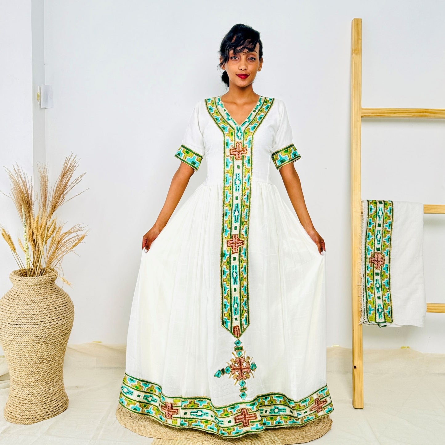 Elegant Ethiopian Habesha Kemis | White Cotton Dress with Green & Gold Cross Tibeb Hab231