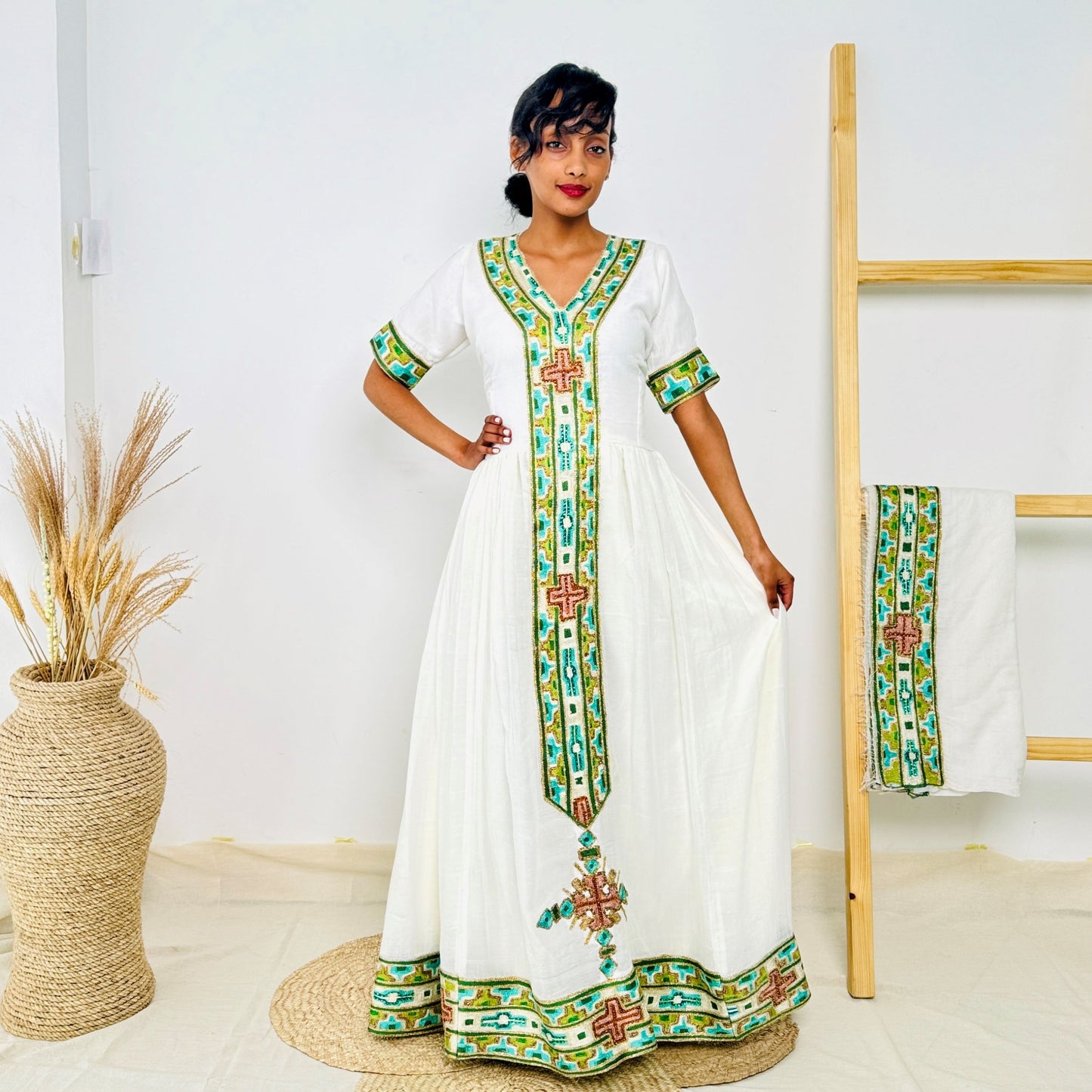 Elegant Ethiopian Habesha Kemis | White Cotton Dress with Green & Gold Cross Tibeb Hab231