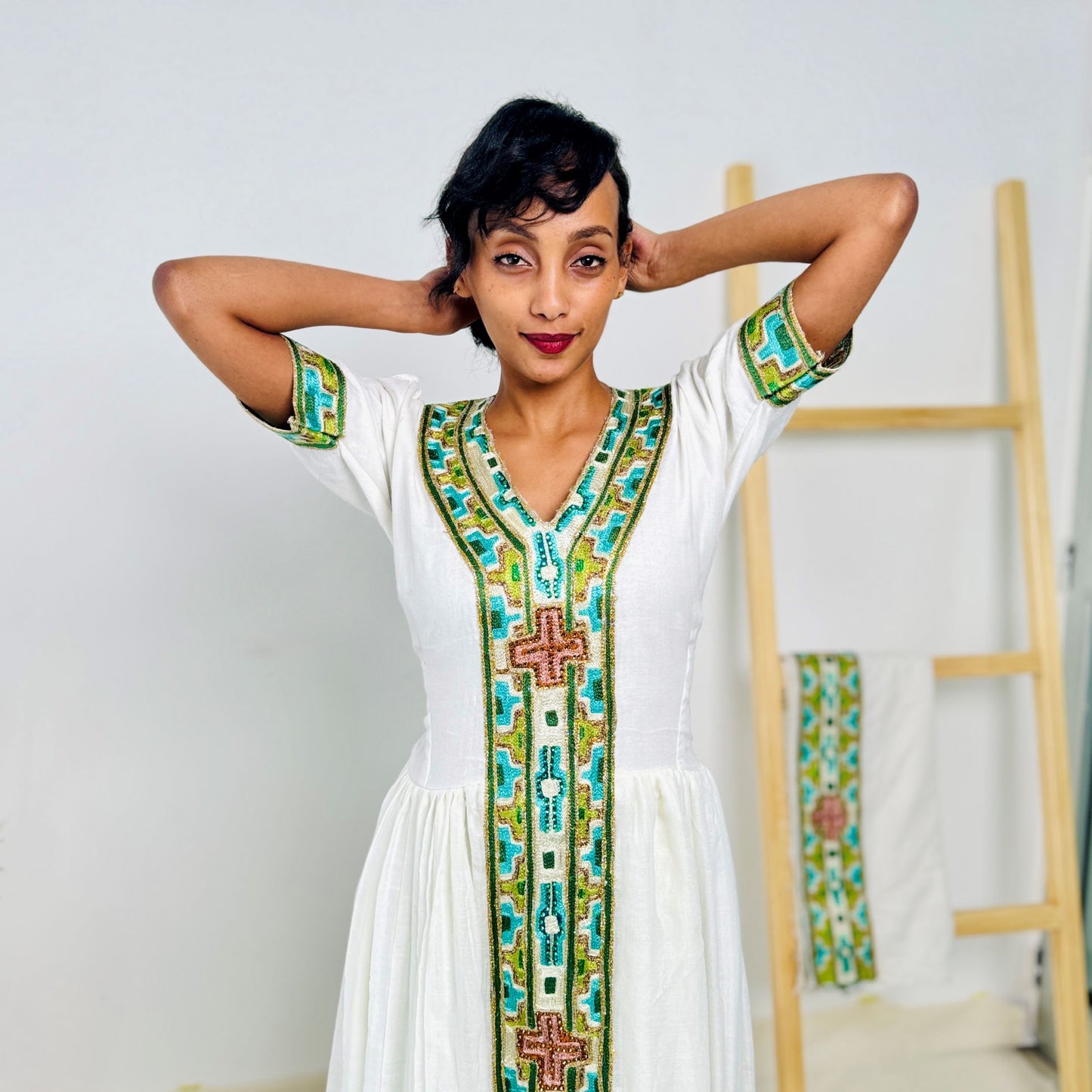 Elegant Ethiopian Habesha Kemis | White Cotton Dress with Green & Gold Cross Tibeb Hab231