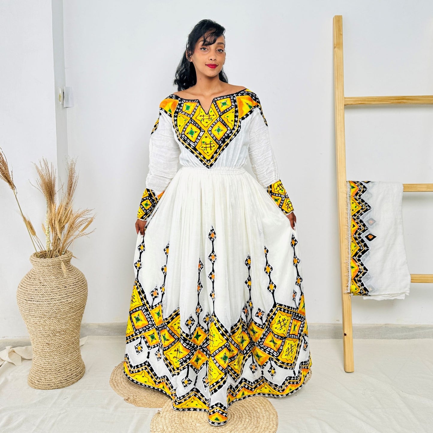 Ethiopian Habesha Dress – Yellow & Black Embroidery | Traditional Kemis