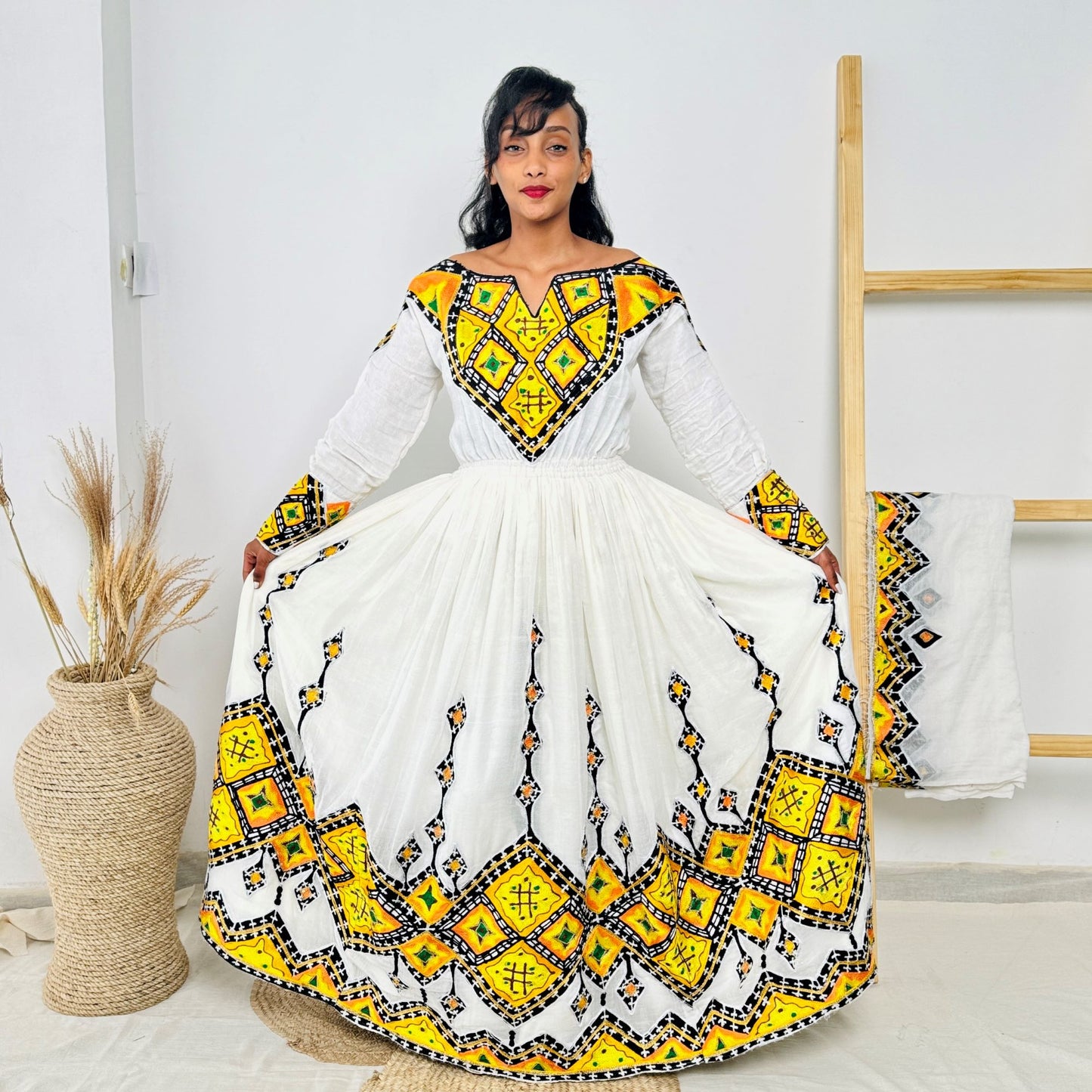 Ethiopian Habesha Dress | Yellow & Black Embroidery | Traditional Kemis Hab230
