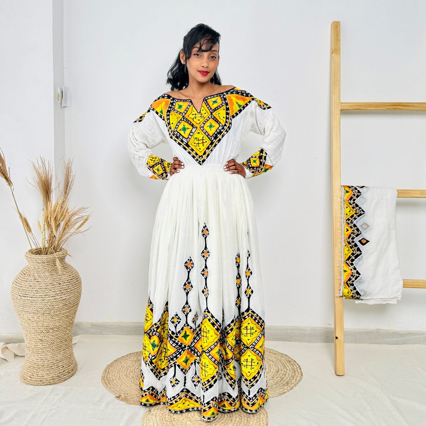 Ethiopian Habesha Dress | Yellow & Black Embroidery | Traditional Kemis Hab230