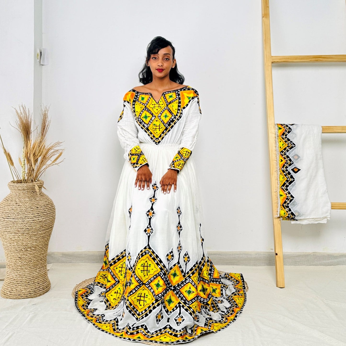 Ethiopian Habesha Dress | Yellow & Black Embroidery | Traditional Kemis Hab230