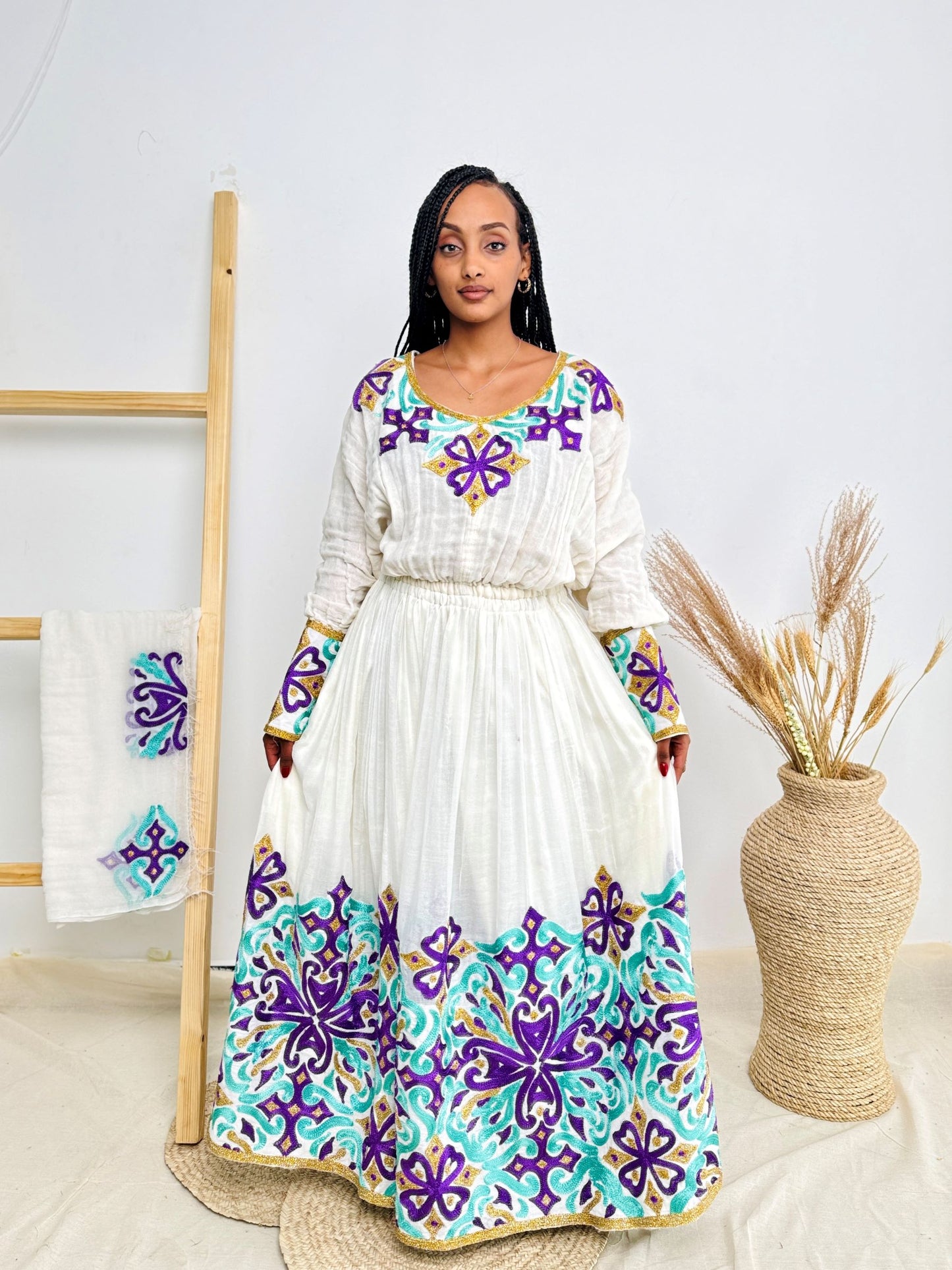 Purple & Aqua Cross Tibeb Embroidery | Ethiopian Handwoven Dress | Bold Long-Sleeve Habesha Kemis Hab214