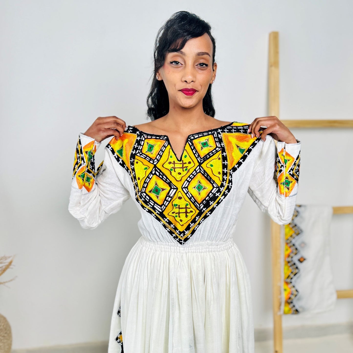 Ethiopian Habesha Dress | Yellow & Black Embroidery | Traditional Kemis Hab230