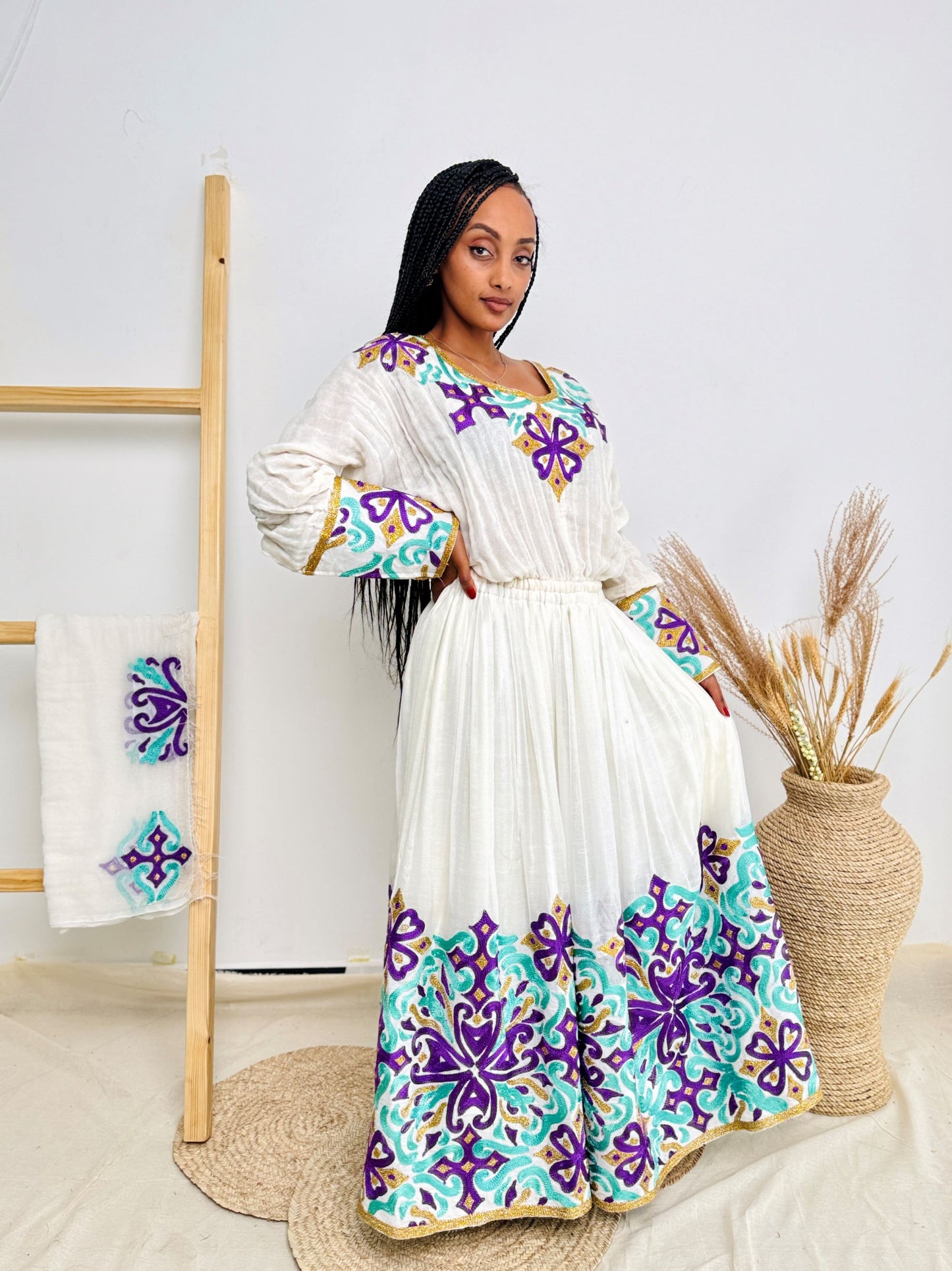 Purple & Aqua Cross Tibeb Embroidery | Ethiopian Handwoven Dress | Bold Long-Sleeve Habesha Kemis Hab214