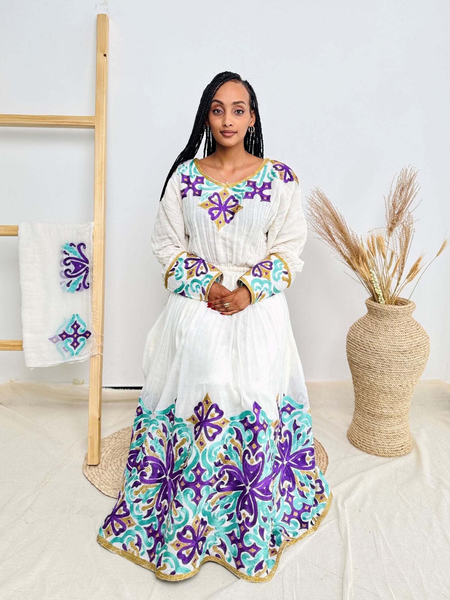 Purple & Aqua Cross Tibeb Embroidery | Ethiopian Handwoven Dress | Bold Long-Sleeve Habesha Kemis Hab214