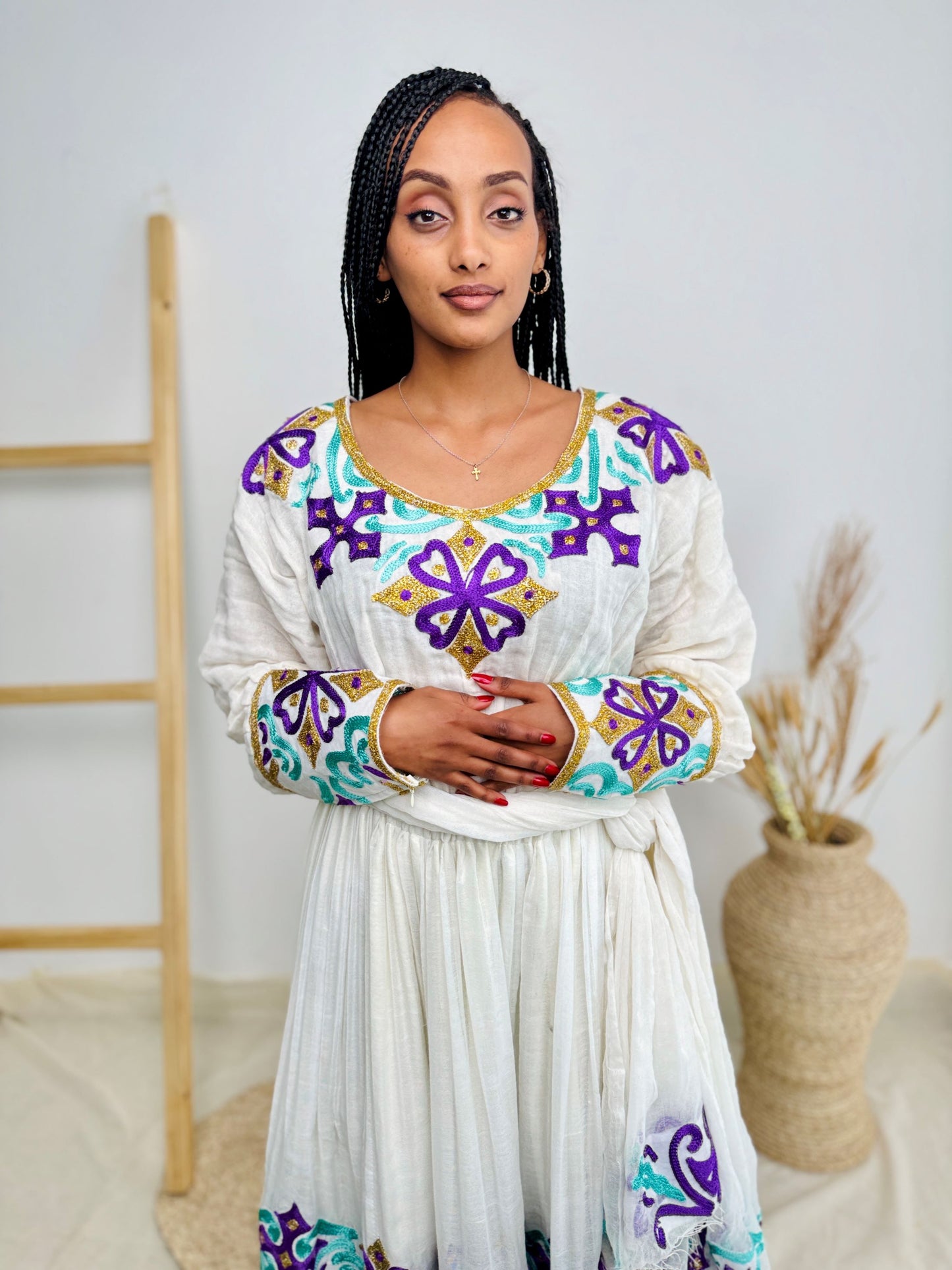 Purple & Aqua Cross Tibeb Embroidery | Ethiopian Handwoven Dress | Bold Long-Sleeve Habesha Kemis Hab214