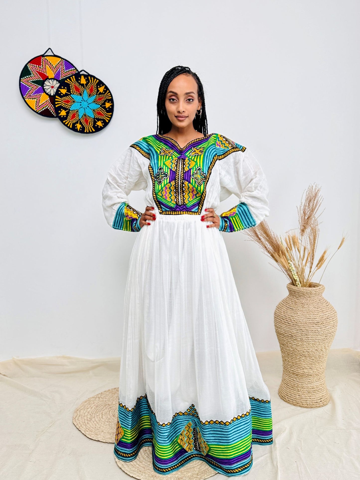 Vibrant Multicolor Handwoven Ethiopian Dress | Bold Habesha Kemis | Holidays, Fasika & Cultural Events Hab181