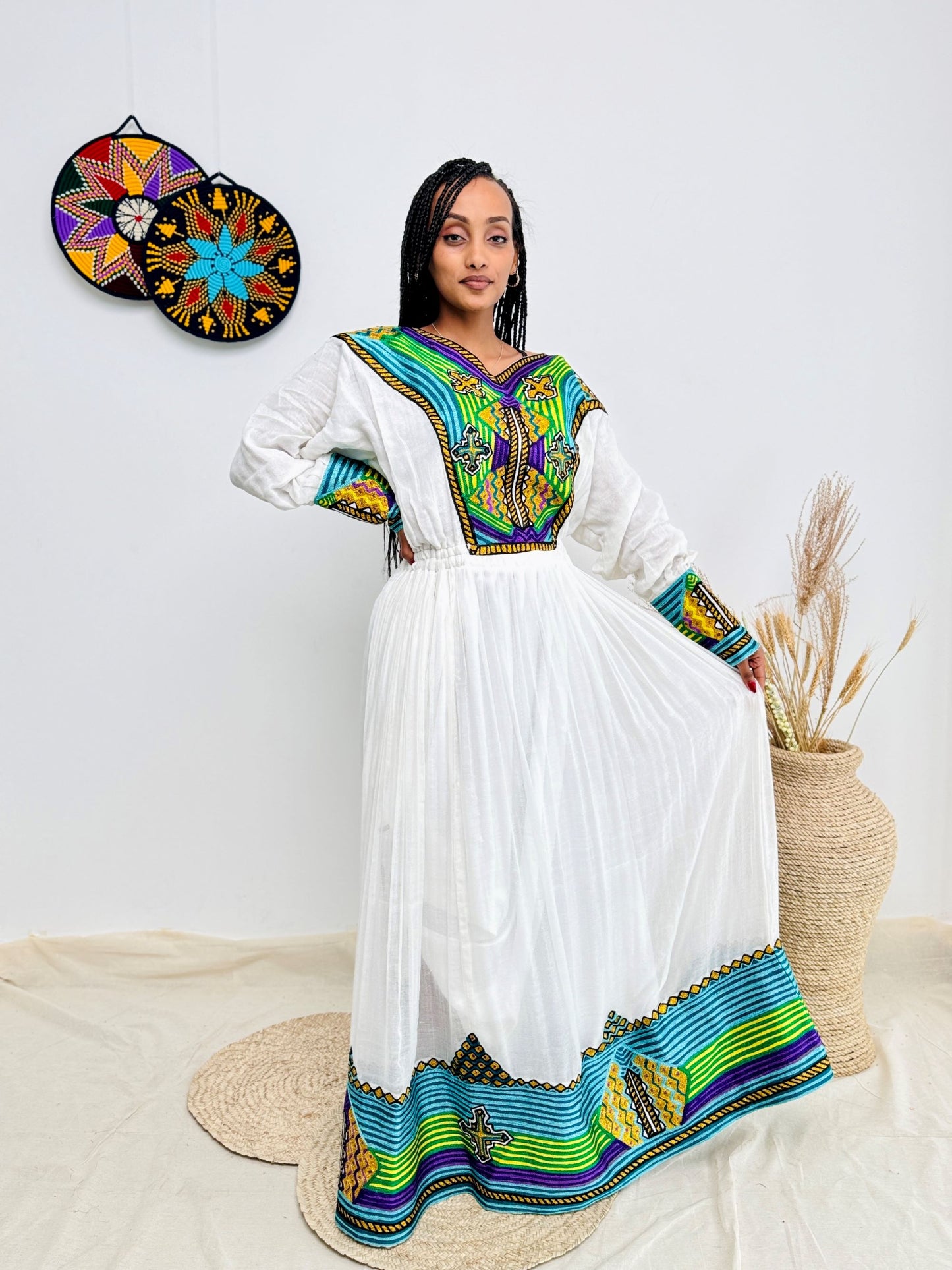 Vibrant Multicolor Handwoven Ethiopian Dress | Bold Habesha Kemis | Holidays, Fasika & Cultural Events Hab181