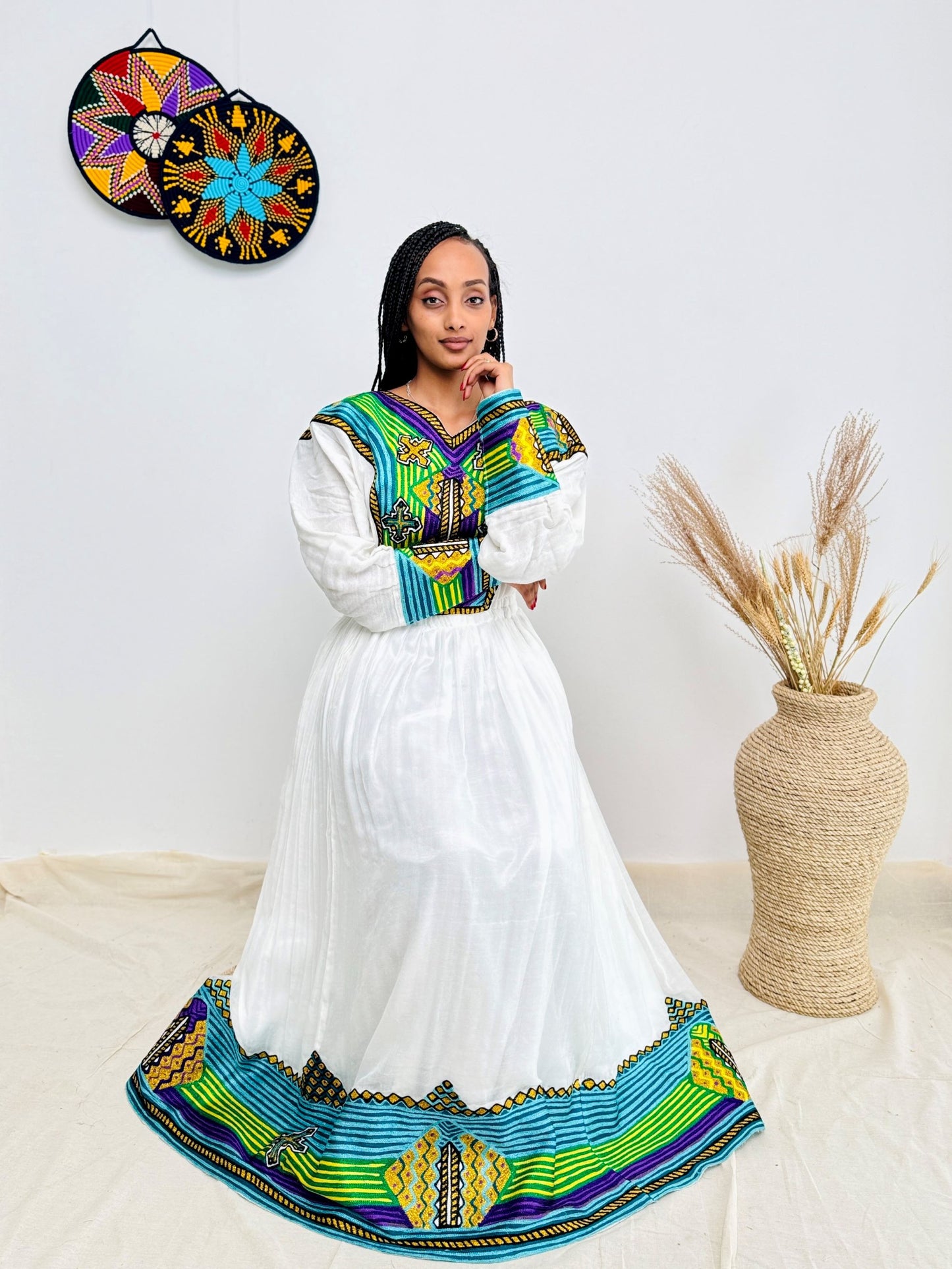 Vibrant Multicolor Handwoven Ethiopian Dress | Bold Habesha Kemis | Holidays, Fasika & Cultural Events Hab181