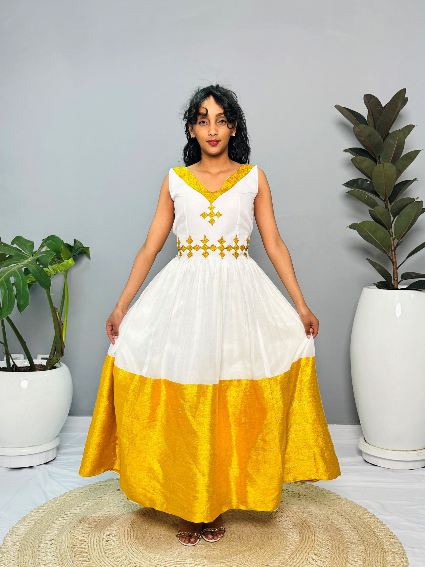 Modern Habesha Kemis | Elegant Ethiopian Handwoven Dress | Golden Tibeb Embroidery | Timeless & Chic Hab146