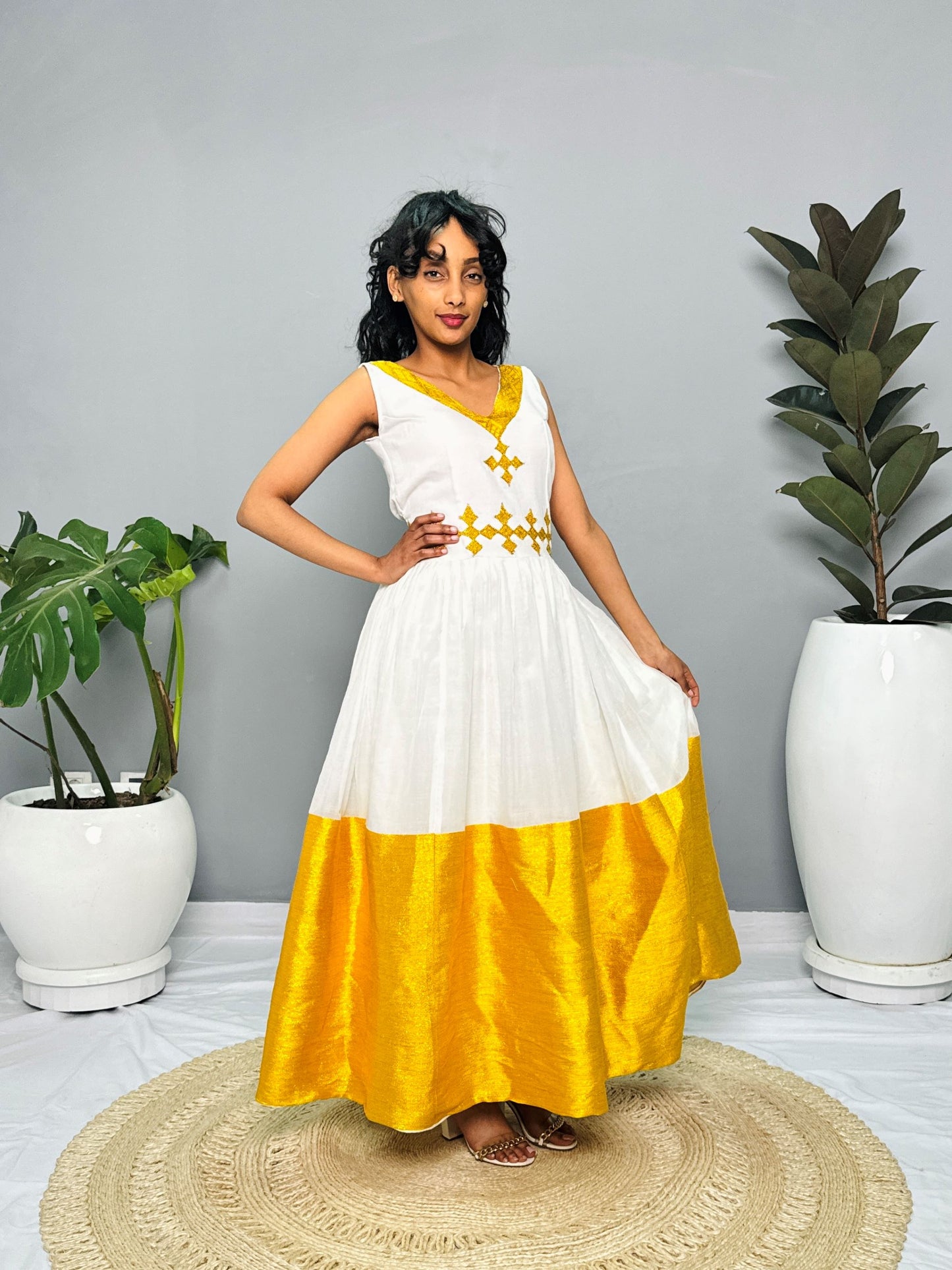 Modern Habesha Kemis | Elegant Ethiopian Handwoven Dress | Golden Tibeb Embroidery | Timeless & Chic Hab146