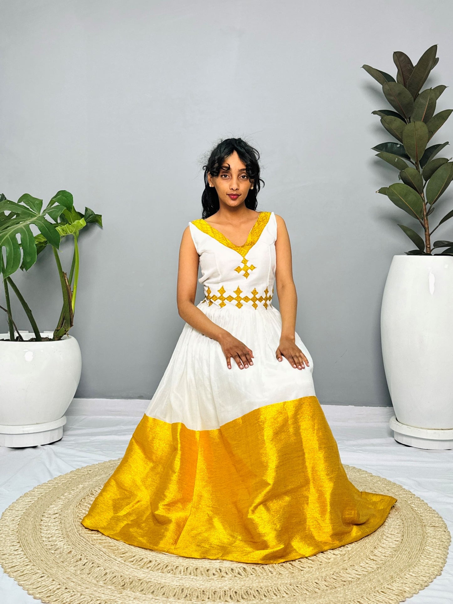 Modern Habesha Kemis | Elegant Ethiopian Handwoven Dress | Golden Tibeb Embroidery | Timeless & Chic Hab146