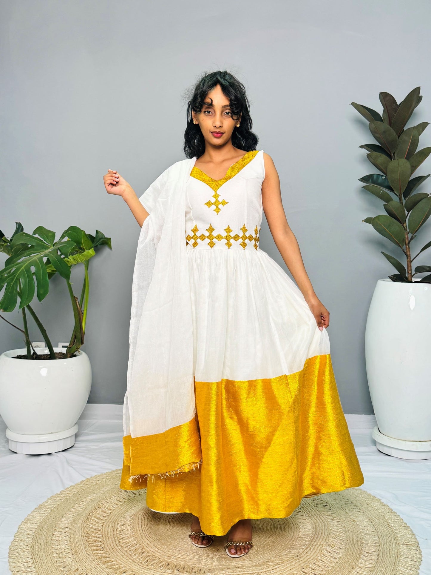 Modern Habesha Kemis | Elegant Ethiopian Handwoven Dress | Golden Tibeb Embroidery | Timeless & Chic Hab146