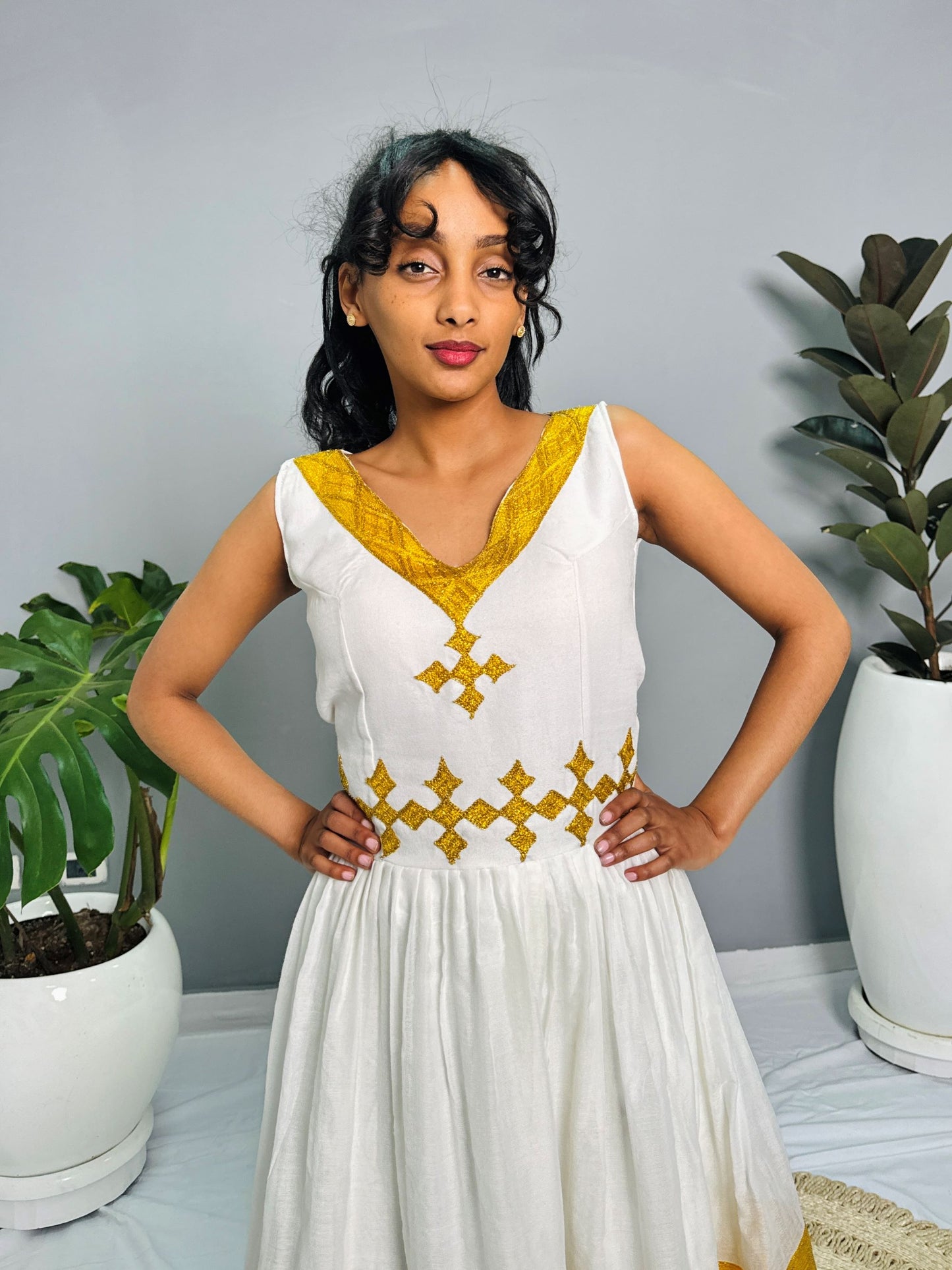 Modern Habesha Kemis | Elegant Ethiopian Handwoven Dress | Golden Tibeb Embroidery | Timeless & Chic Hab146