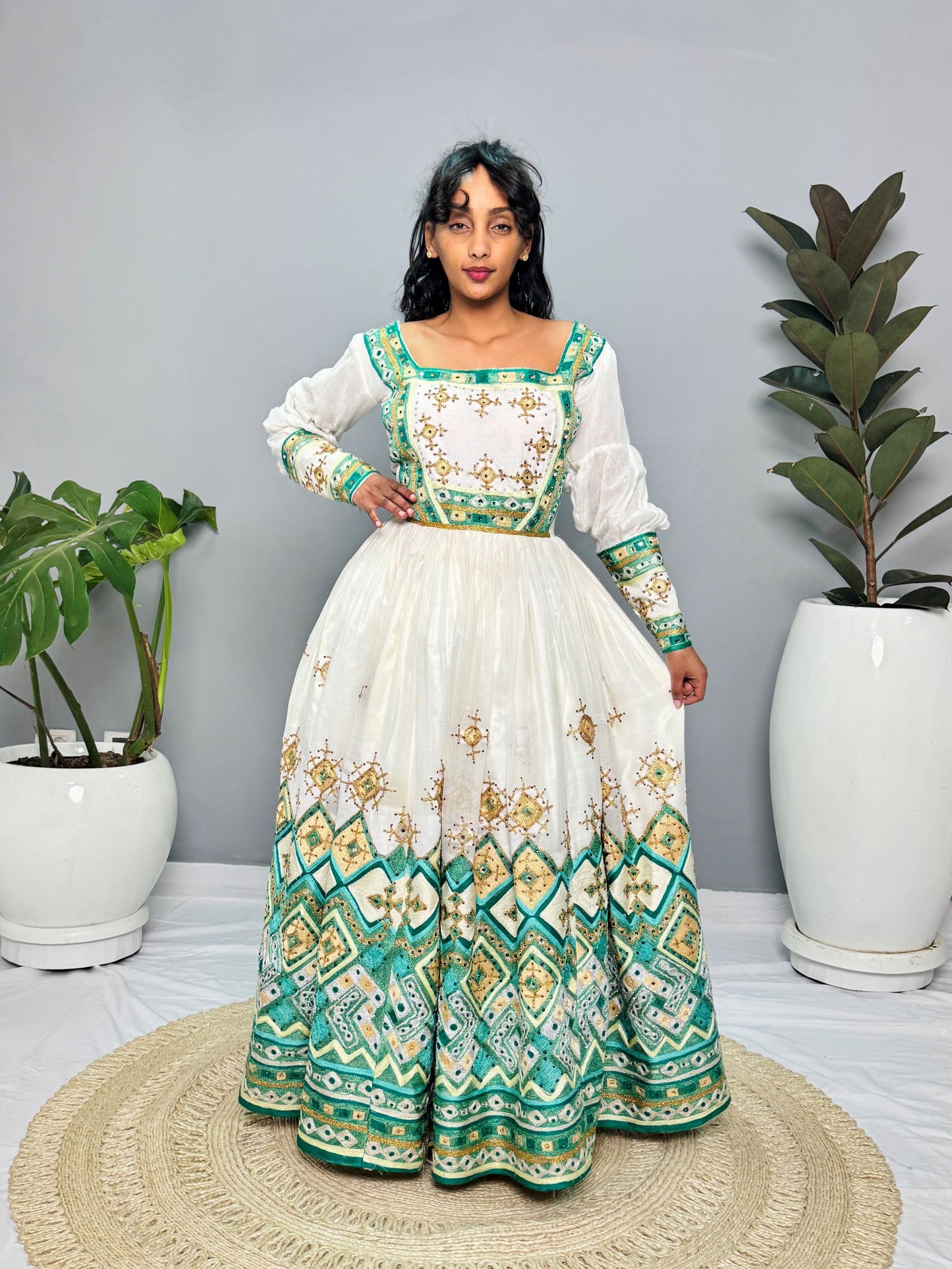 Ethiopian Wedding Dress | Green & Blue Embroidered Beaded Design | Handcrafted Luxury | Cultural Elegance | Habesha Dress Hab131