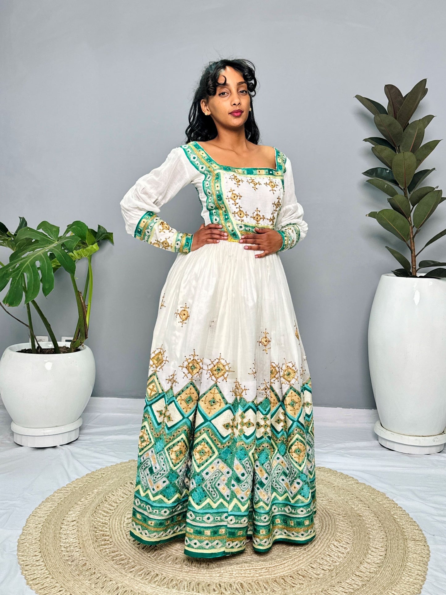 Ethiopian Wedding Dress | Green & Blue Embroidered Beaded Design | Handcrafted Luxury | Cultural Elegance | Habesha Dress Hab131