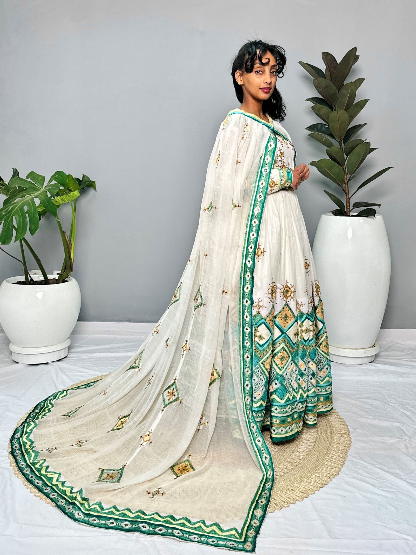 Ethiopian Wedding Dress | Green & Blue Embroidered Beaded Design | Handcrafted Luxury | Cultural Elegance | Habesha Dress Hab131