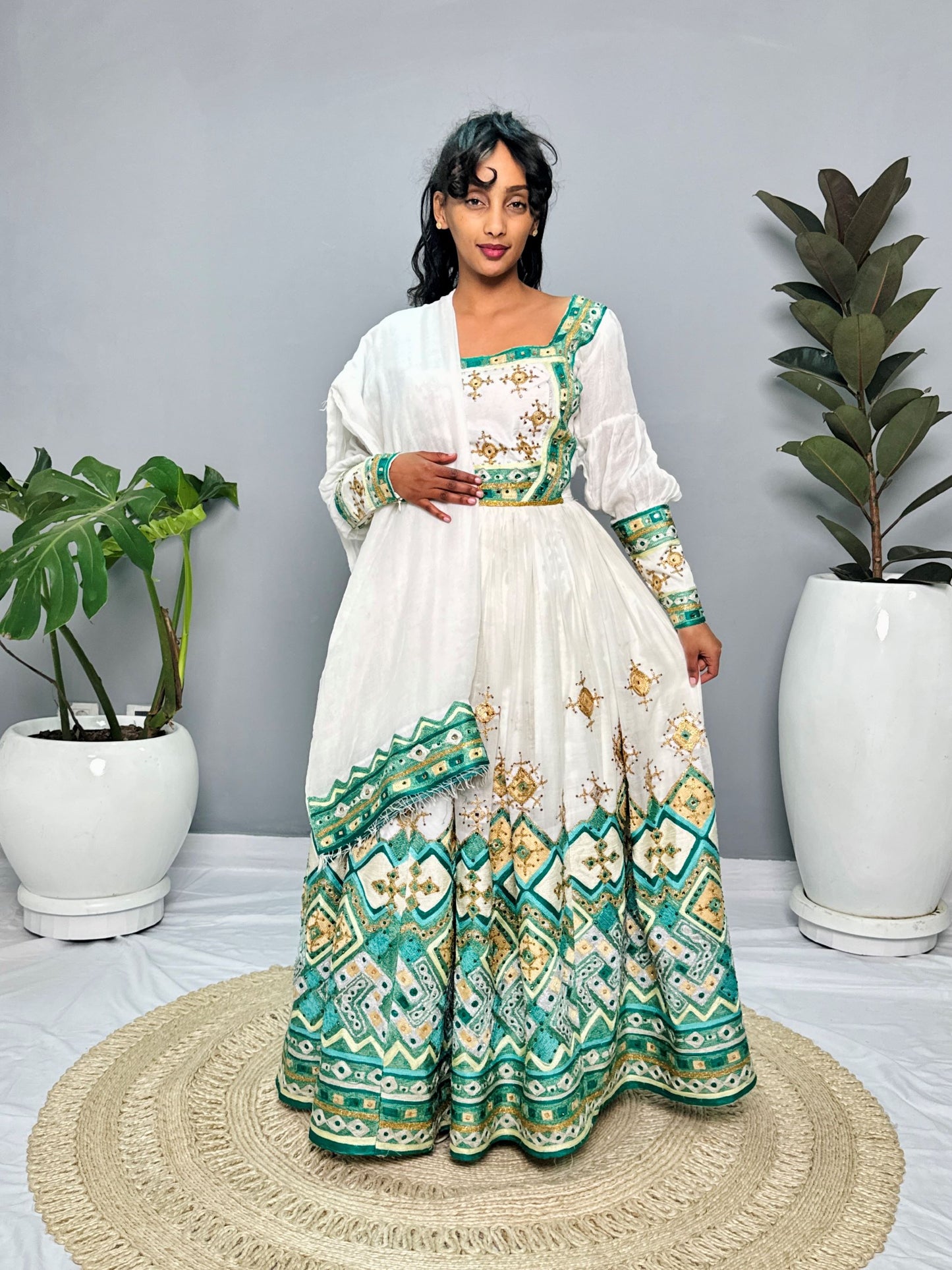 Ethiopian Wedding Dress | Green & Blue Embroidered Beaded Design | Handcrafted Luxury | Cultural Elegance | Habesha Dress Hab131