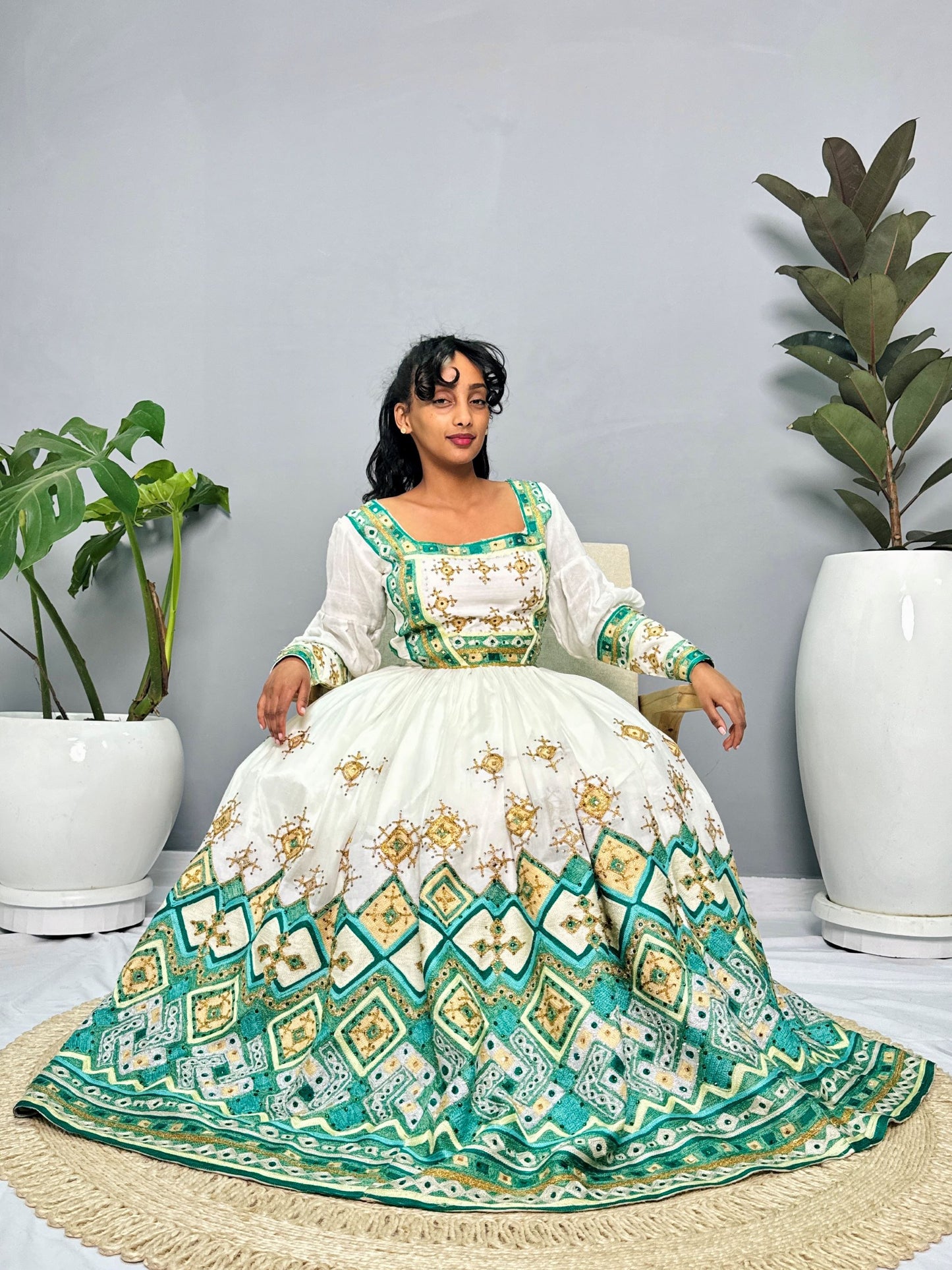 Ethiopian Wedding Dress | Green & Blue Embroidered Beaded Design | Handcrafted Luxury | Cultural Elegance | Habesha Dress Hab131