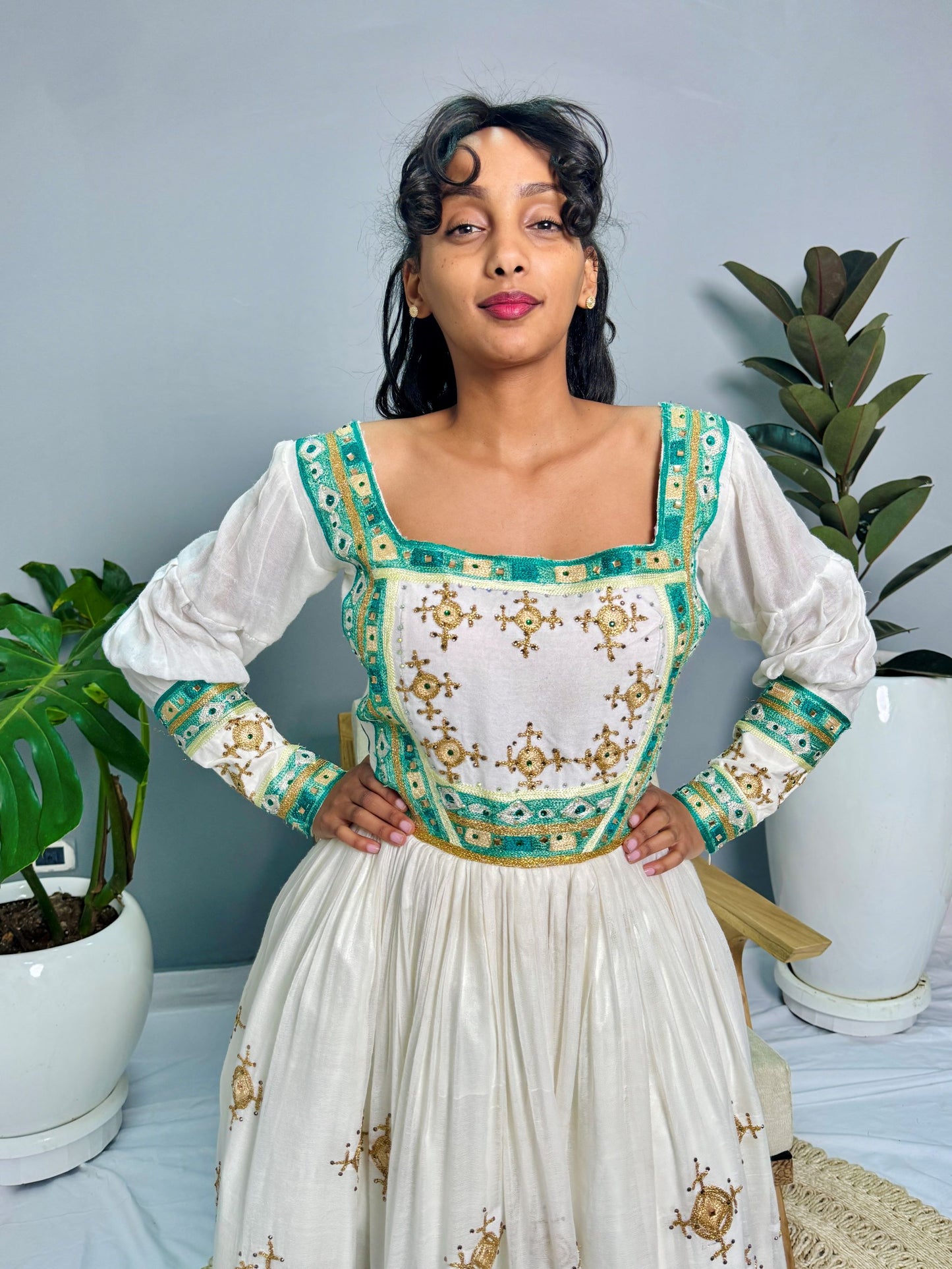 Ethiopian Wedding Dress | Green & Blue Embroidered Beaded Design | Handcrafted Luxury | Cultural Elegance | Habesha Dress Hab131