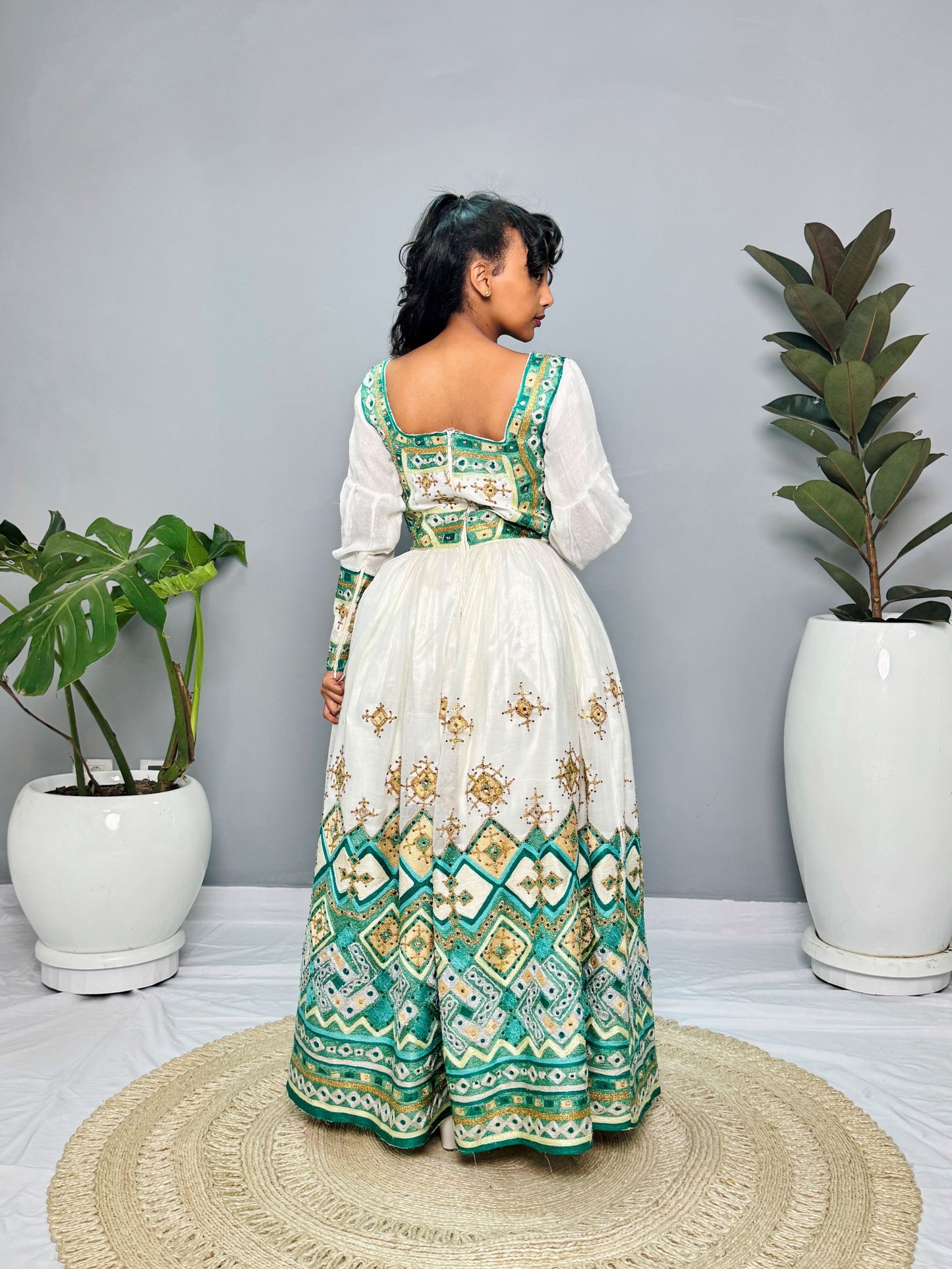 Ethiopian Wedding Dress | Green & Blue Embroidered Beaded Design | Handcrafted Luxury | Cultural Elegance | Habesha Dress Hab131