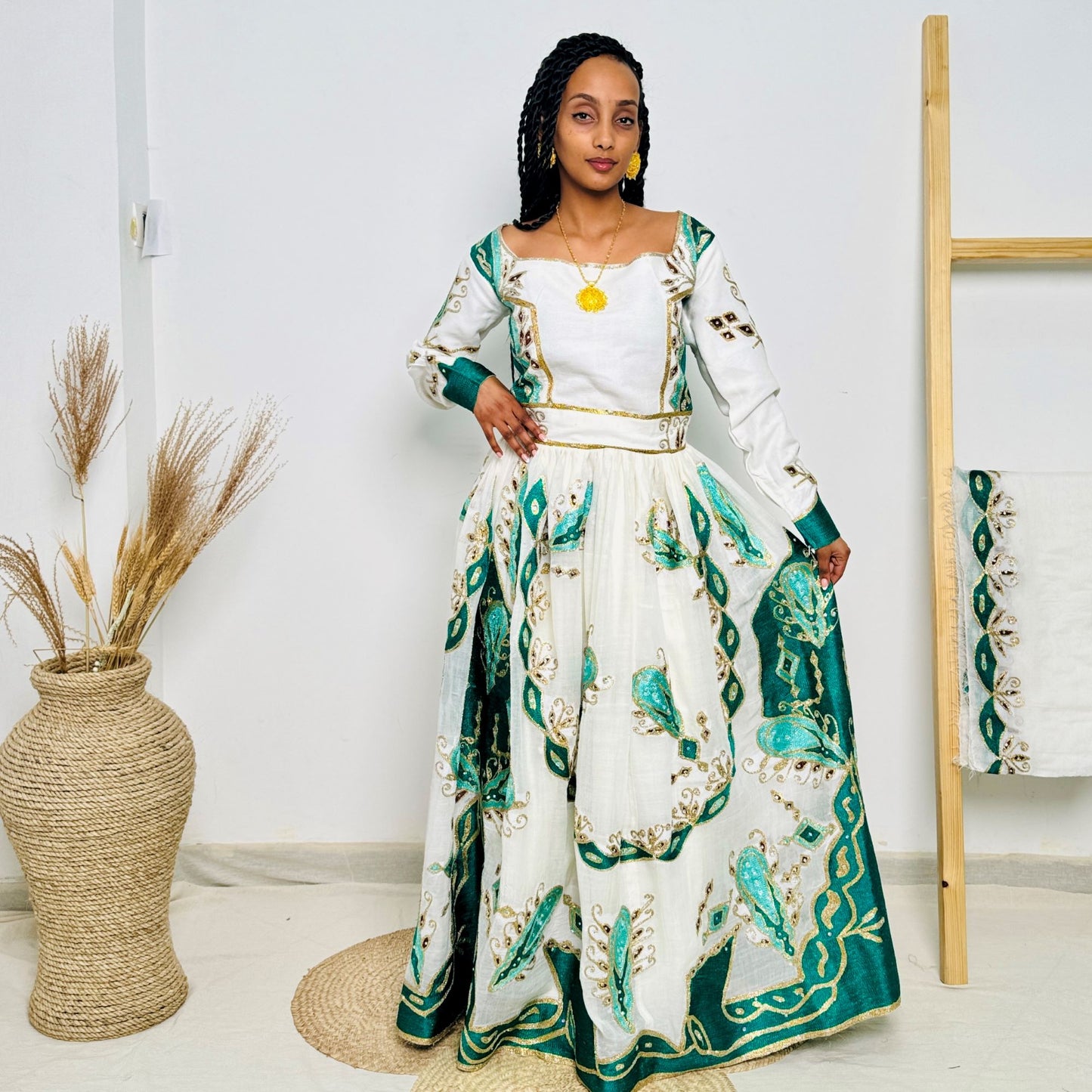 Traditional Ethiopian Habesha Dress | Handwoven White Cotton | Green & Gold Embroidered Cultural Gown | Elegant Handmade Clothing Hab206