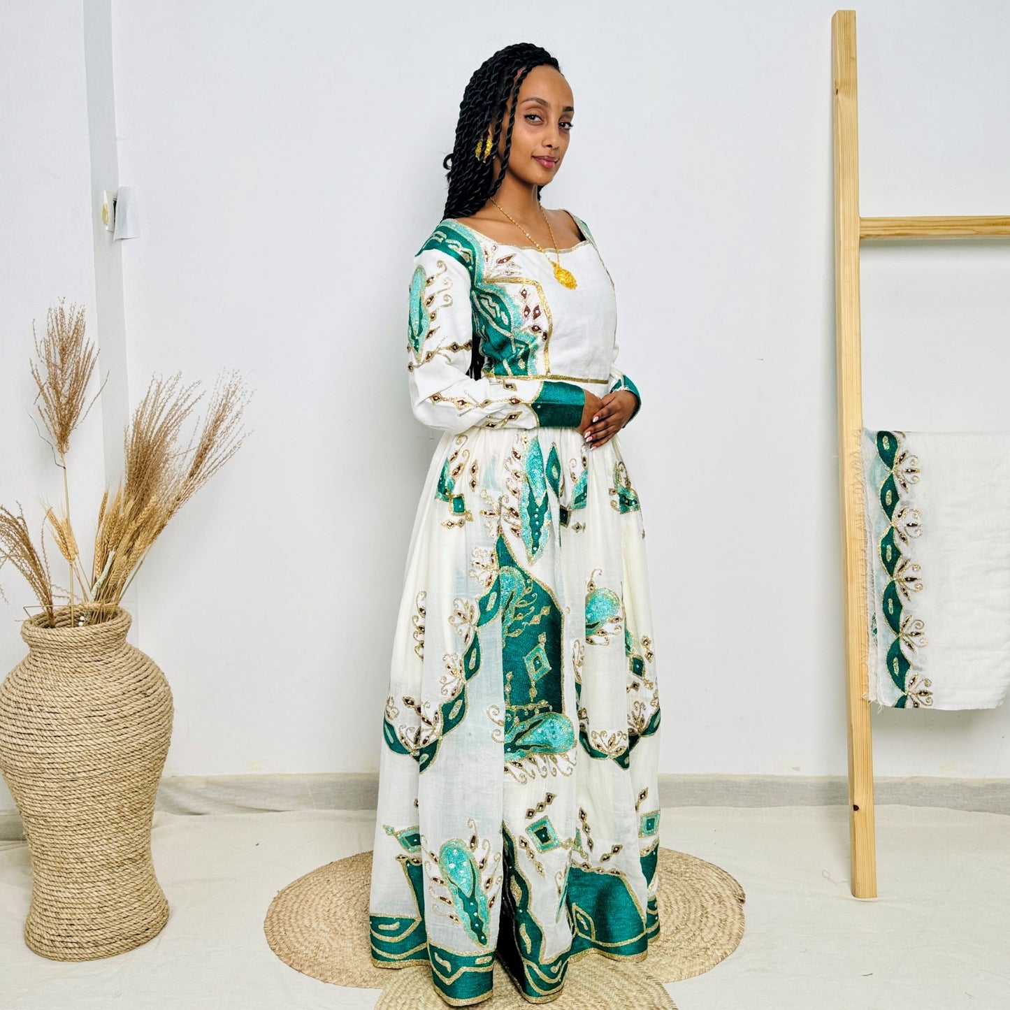 Traditional Ethiopian Habesha Dress | Handwoven White Cotton | Green & Gold Embroidered Cultural Gown | Elegant Handmade Clothing Hab206