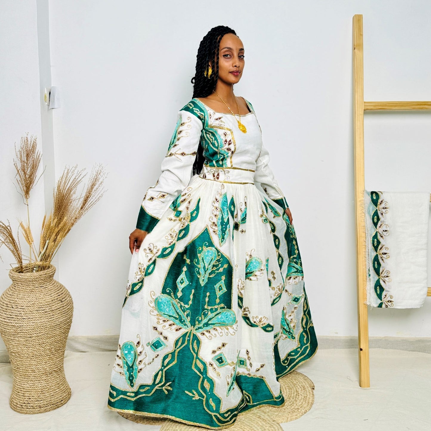 Traditional Ethiopian Habesha Dress | Handwoven White Cotton | Green & Gold Embroidered Cultural Gown | Elegant Handmade Clothing Hab206