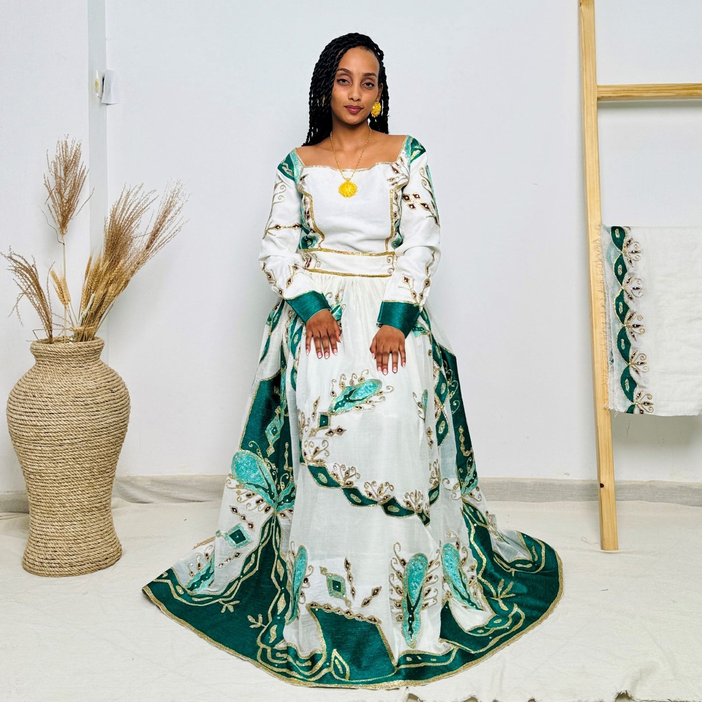 Traditional Ethiopian Habesha Dress | Handwoven White Cotton | Green & Gold Embroidered Cultural Gown | Elegant Handmade Clothing Hab206