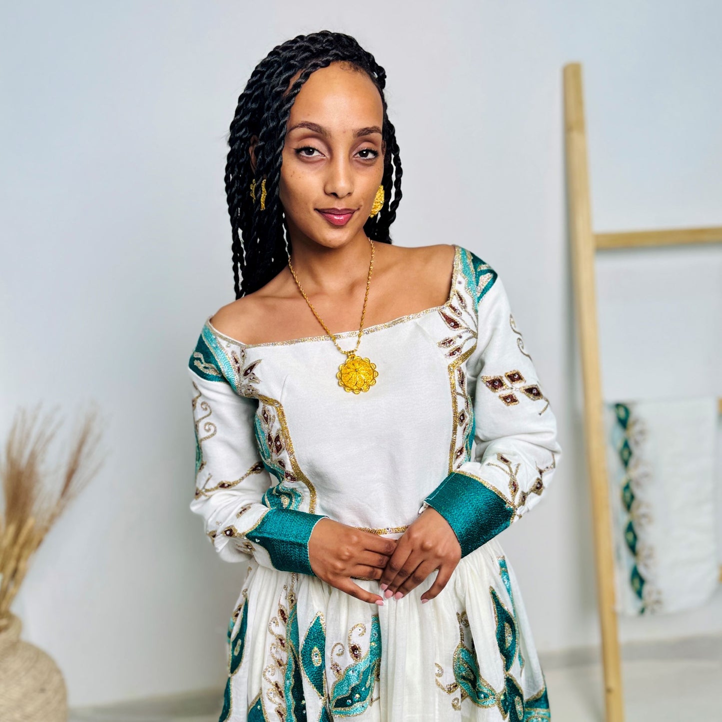 Traditional Ethiopian Habesha Dress | Handwoven White Cotton | Green & Gold Embroidered Cultural Gown | Elegant Handmade Clothing Hab206