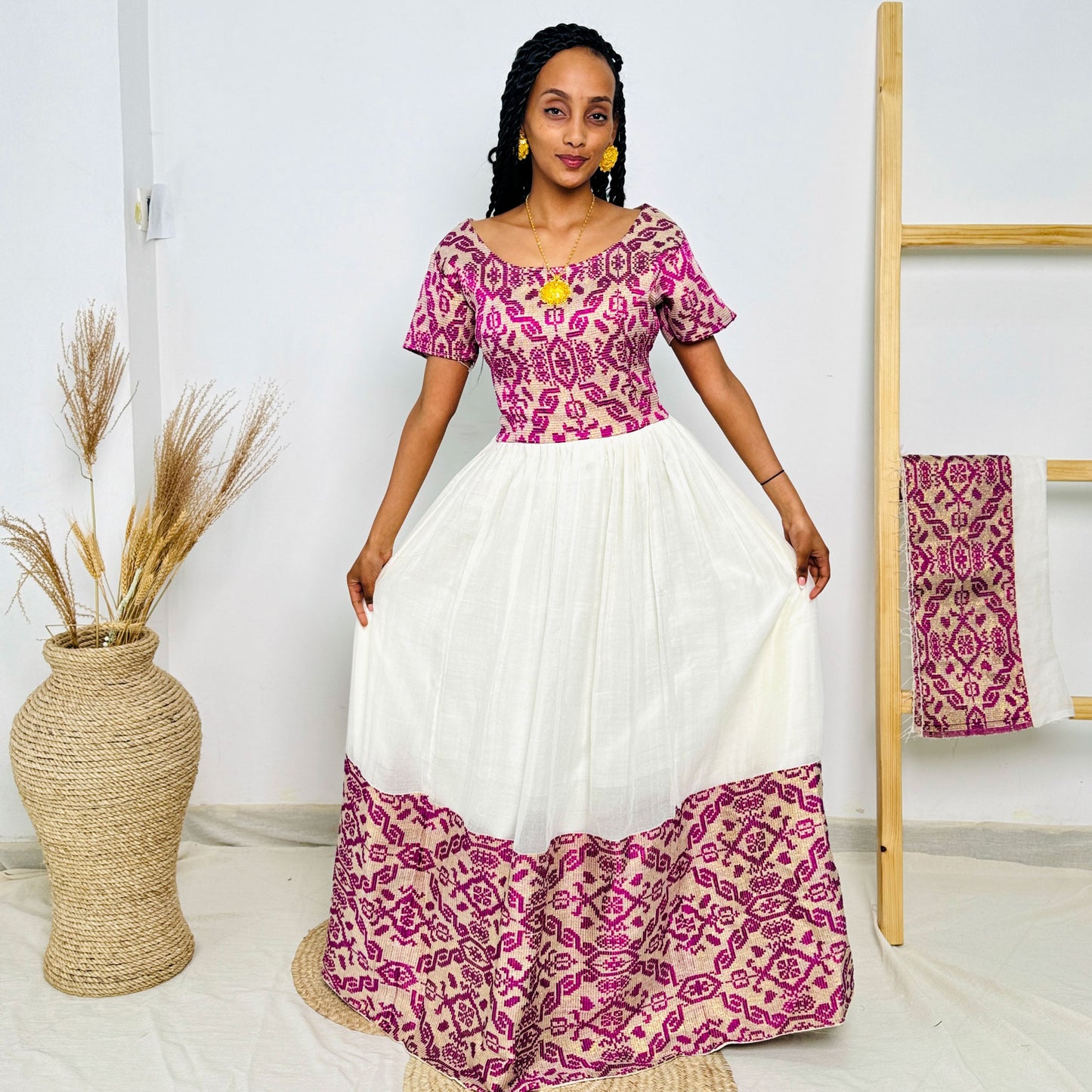 Habesha Dress | Elegant Purple Embroidery | Weddings Cultural Gatherings | Handcrafted Masterpiece Hab76