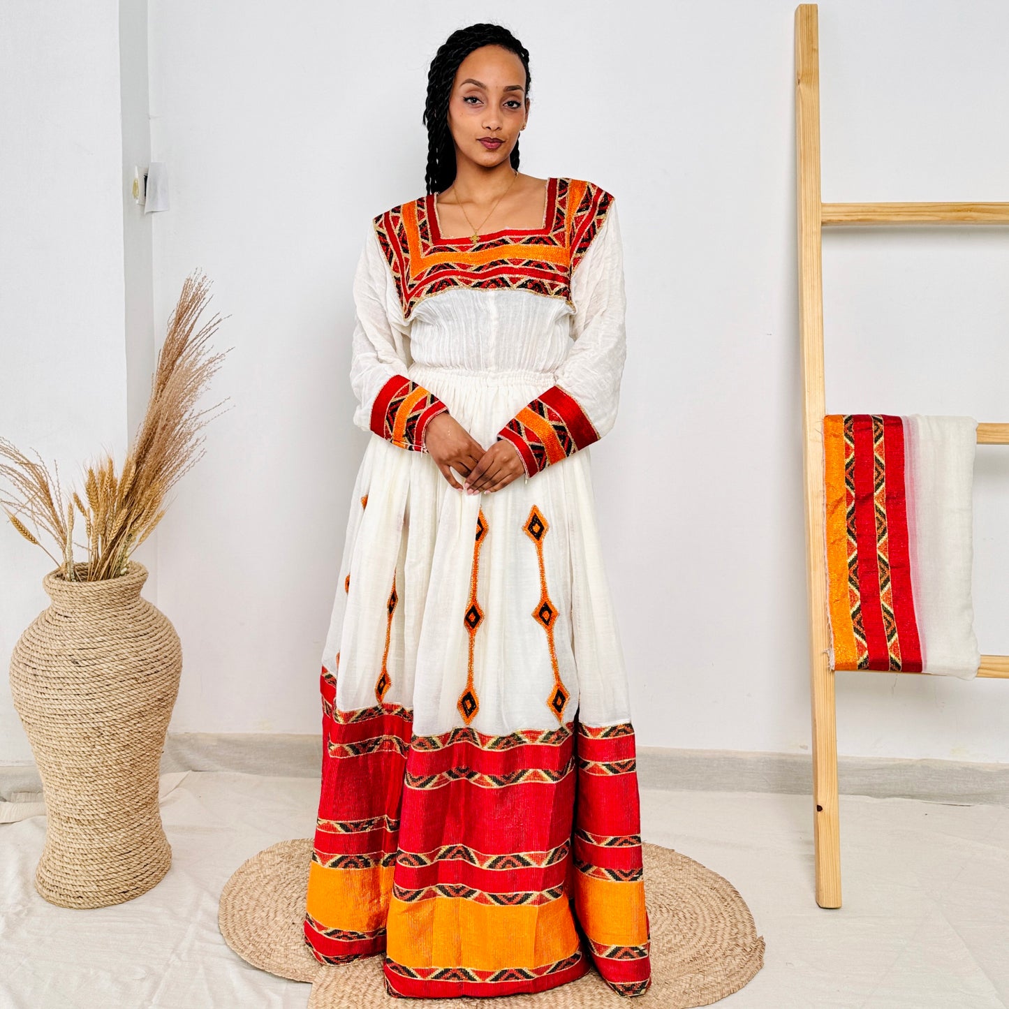 Habesha Dress | Vibrant Red & Orange Design | Cultural Celebrations & Special Events | Handwoven Elegance | Ethiopia Dress Hab106