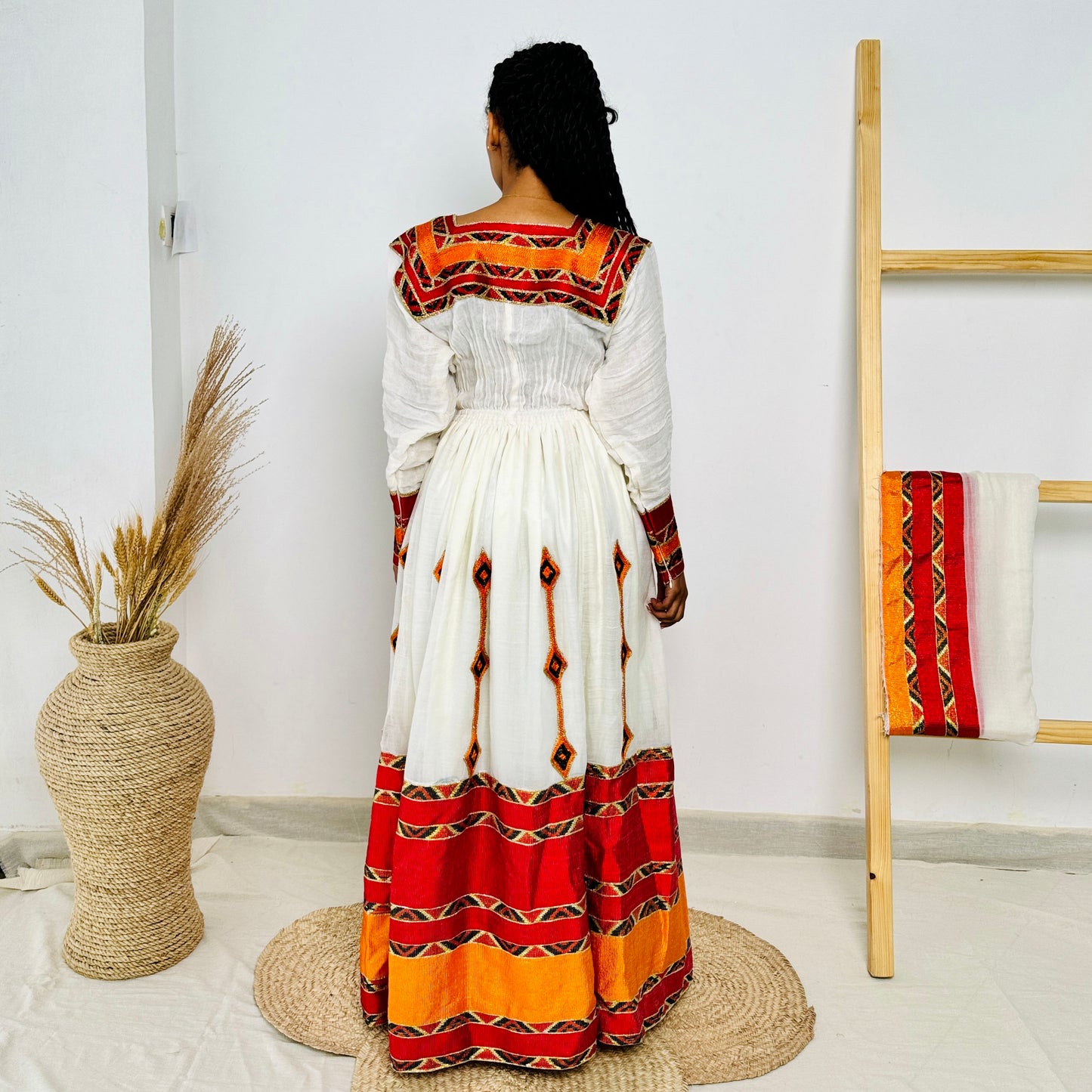 Habesha Dress | Vibrant Red & Orange Design | Cultural Celebrations & Special Events | Handwoven Elegance | Ethiopia Dress Hab106